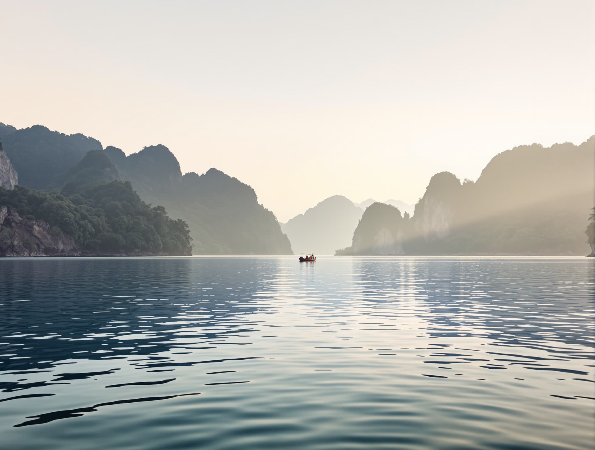 Calm glassy sea between Raja Ampat's forested islands under soft morning light, illustrating the flat-water conditions of the northwest monsoon season (October–April) that make island-hopping and diving most comfortable.