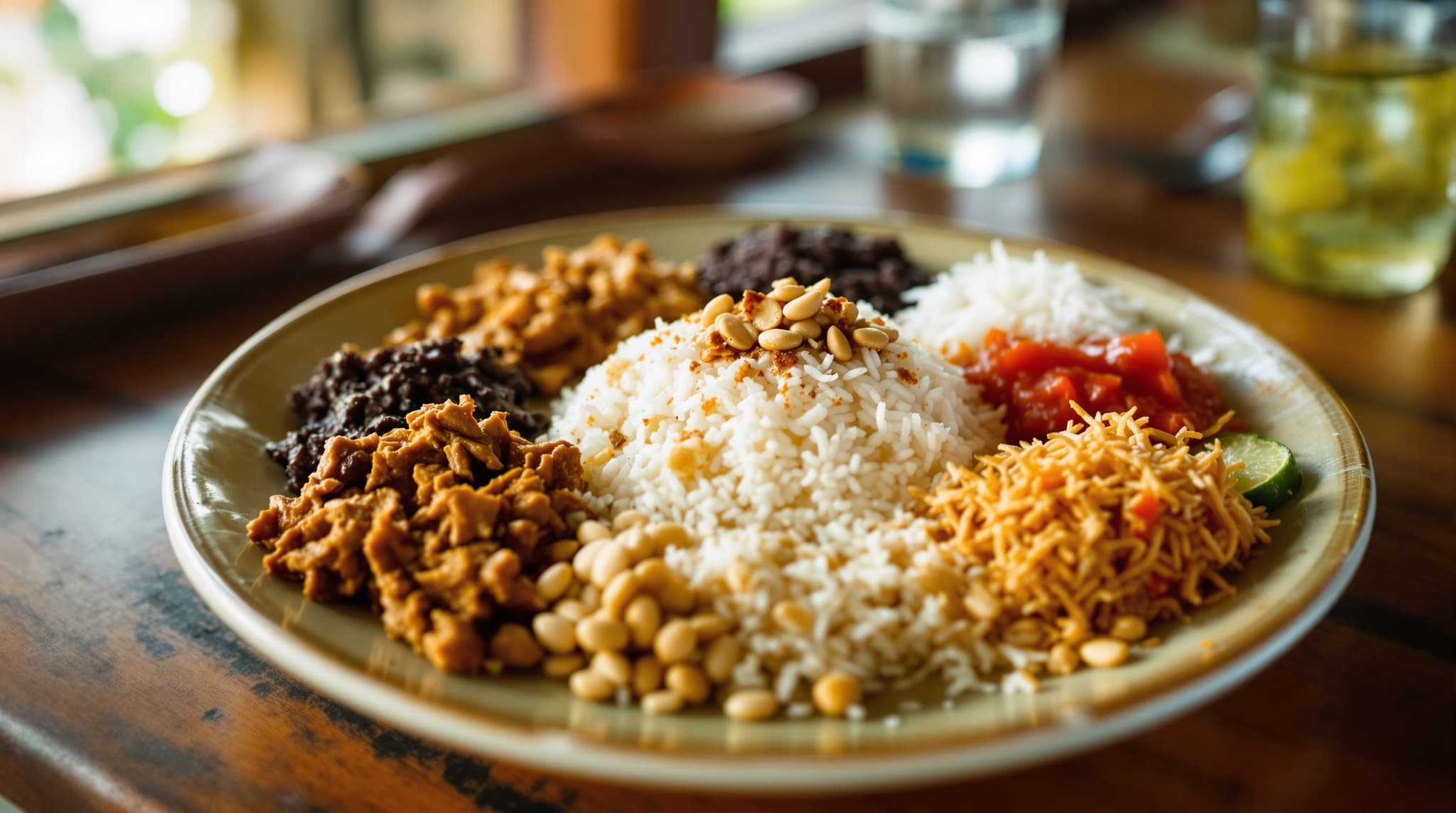 A plate of nasi campur Bali served at a local warung — rice surrounded by small portions of shredded chicken, lawar, sambal, and grated coconut, photographed at a simple wooden table with natural light, illustrating the everyday Balinese meal at the heart of this food guide.