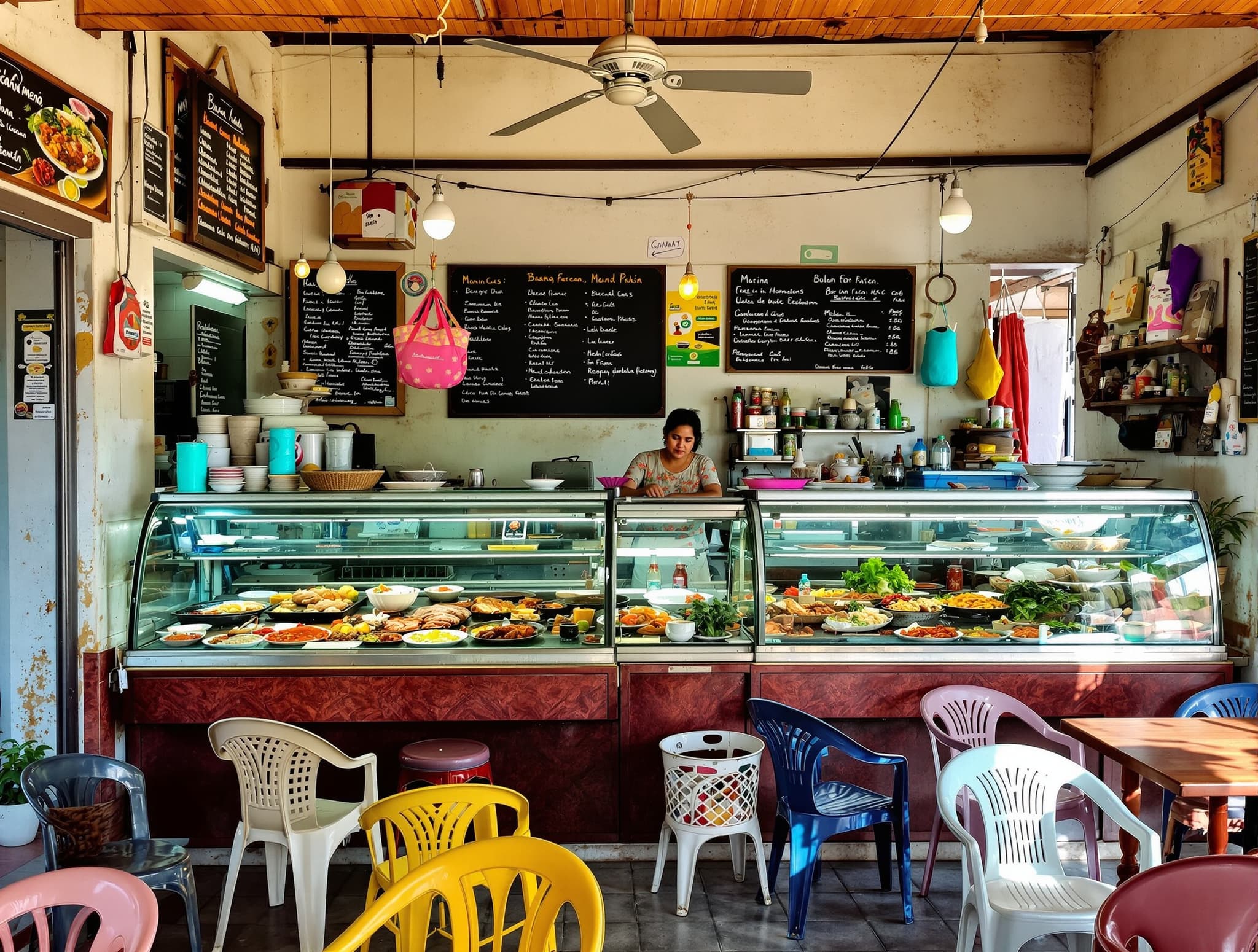 Interior or exterior of a typical Balinese warung — a simple open-air eatery with glass display cases of prepared dishes, plastic chairs, and local customers, representing the warung culture explained in the article's opening sections.