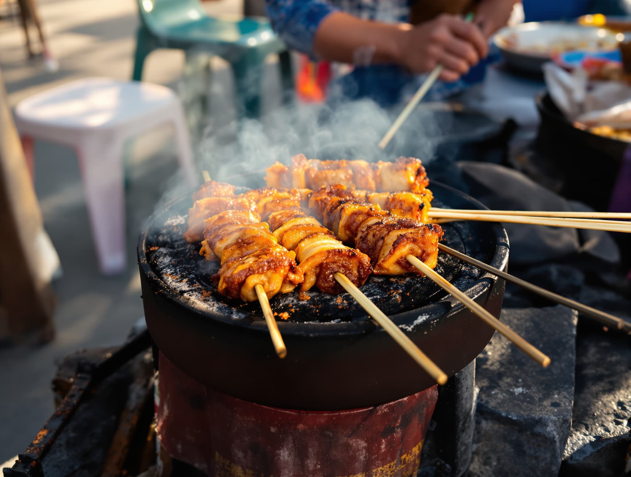 Sate lilit being grilled over charcoal — Bali's distinctive version of satay made with minced meat wrapped around lemongrass sticks, shown cooking at a street stall or warung, illustrating the dish described in the must-try section.