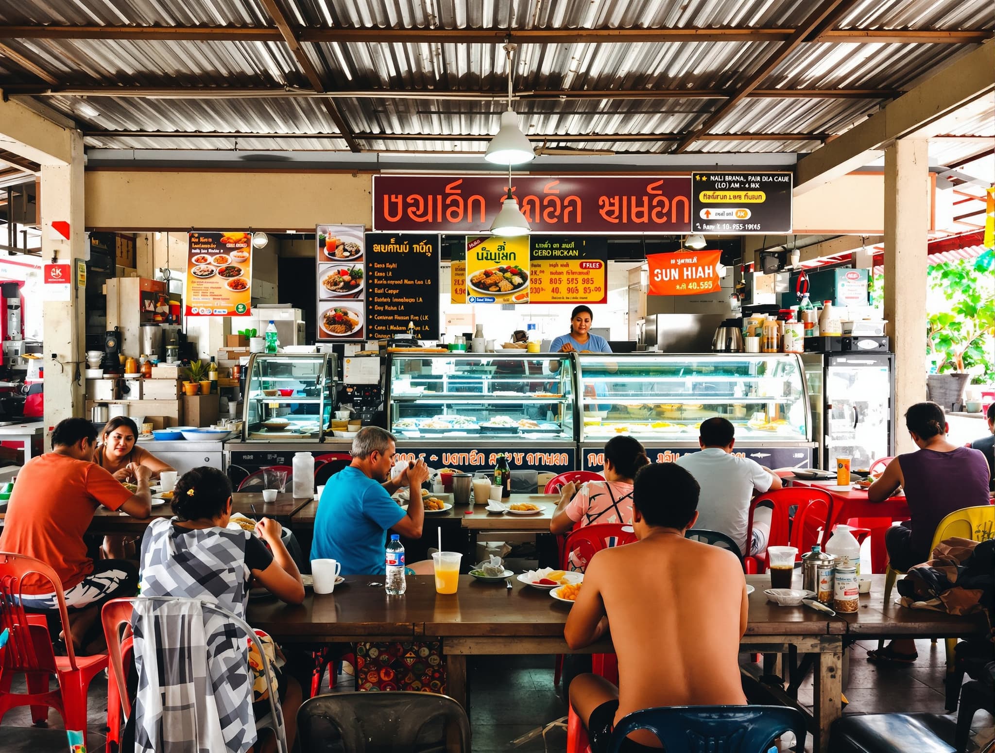 A busy Balinese warung at lunchtime — locals eating nasi campur at simple tables, glass display cases of food visible, illustrating the warung culture and the advice on finding good local spots described in the warungs vs. restaurants section.