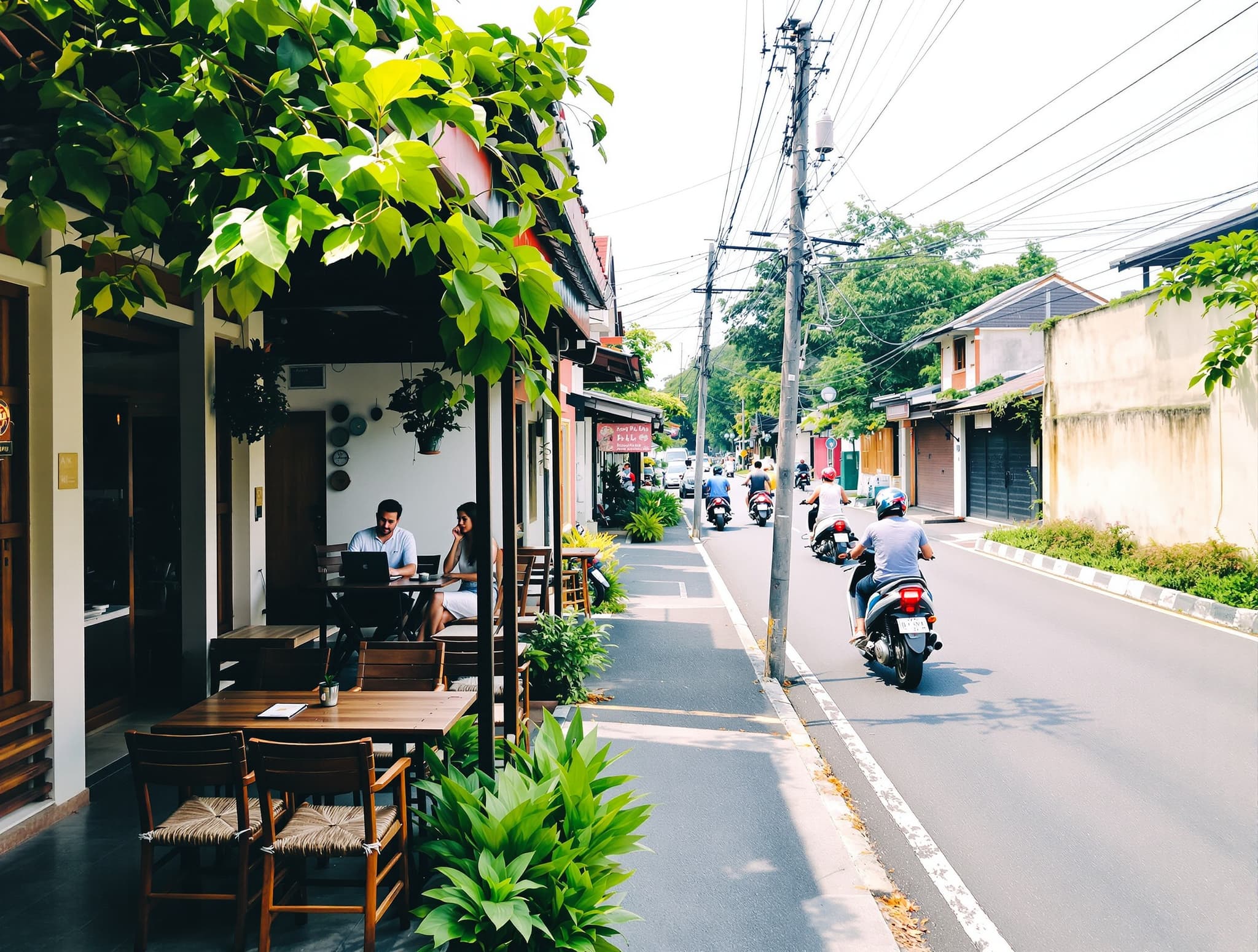 A street-level scene in Canggu, Bali showing the collision of rice paddies and construction or café culture — scooters, a laptop-friendly café terrace, or a co-working space visible alongside remnants of the original village landscape — illustrating the article's honest tension between Canggu's bohemian branding and its current urban reality.