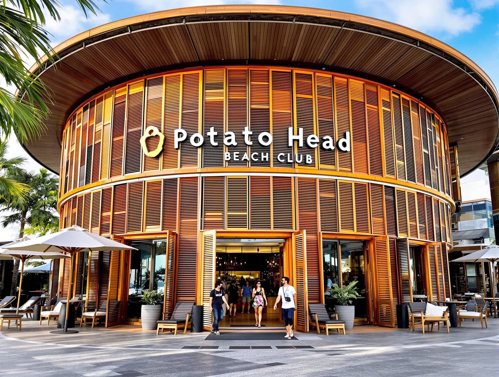 Potato Head Beach Club in Seminyak, Bali, showing its iconic curved facade made of recycled wooden shutters — the landmark the article identifies as Seminyak's most recognizable venue and an anchor of the area's upscale beach club scene.