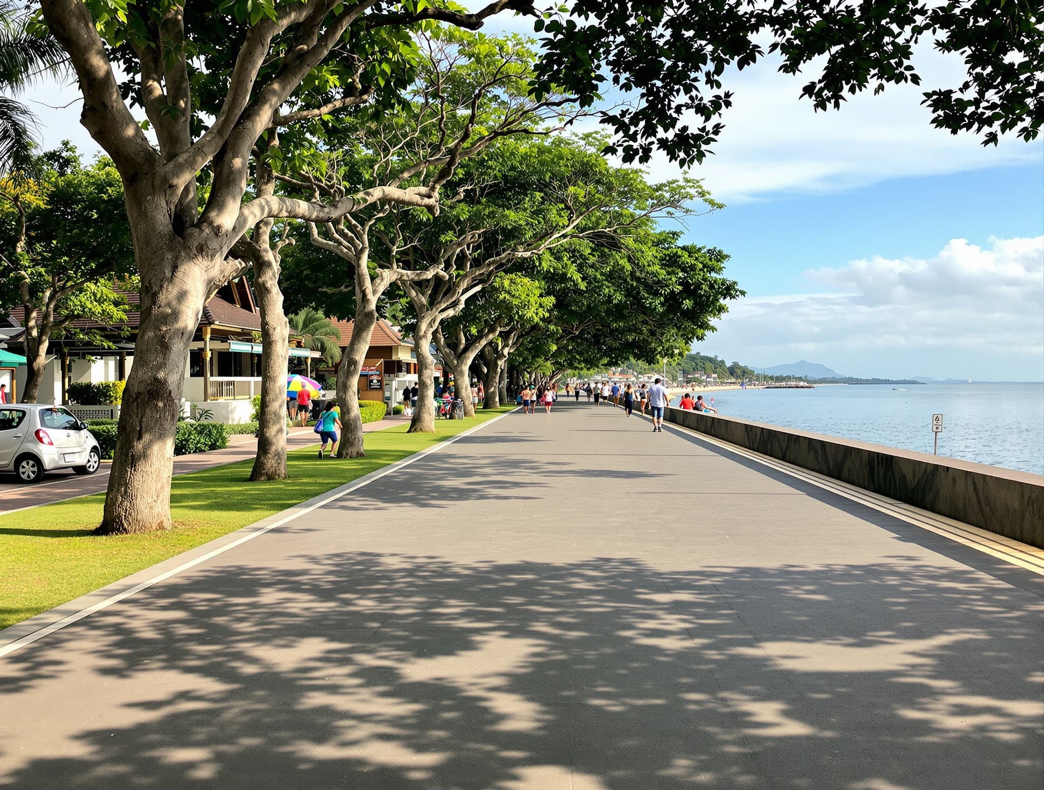 The Sanur Beach Path promenade in Bali, showing the flat, tree-lined walkway along the beachfront with calm water visible and locals or travelers walking or cycling — illustrating Sanur's defining character as a calm, walkable, family-friendly alternative to the busier south Bali corridors.