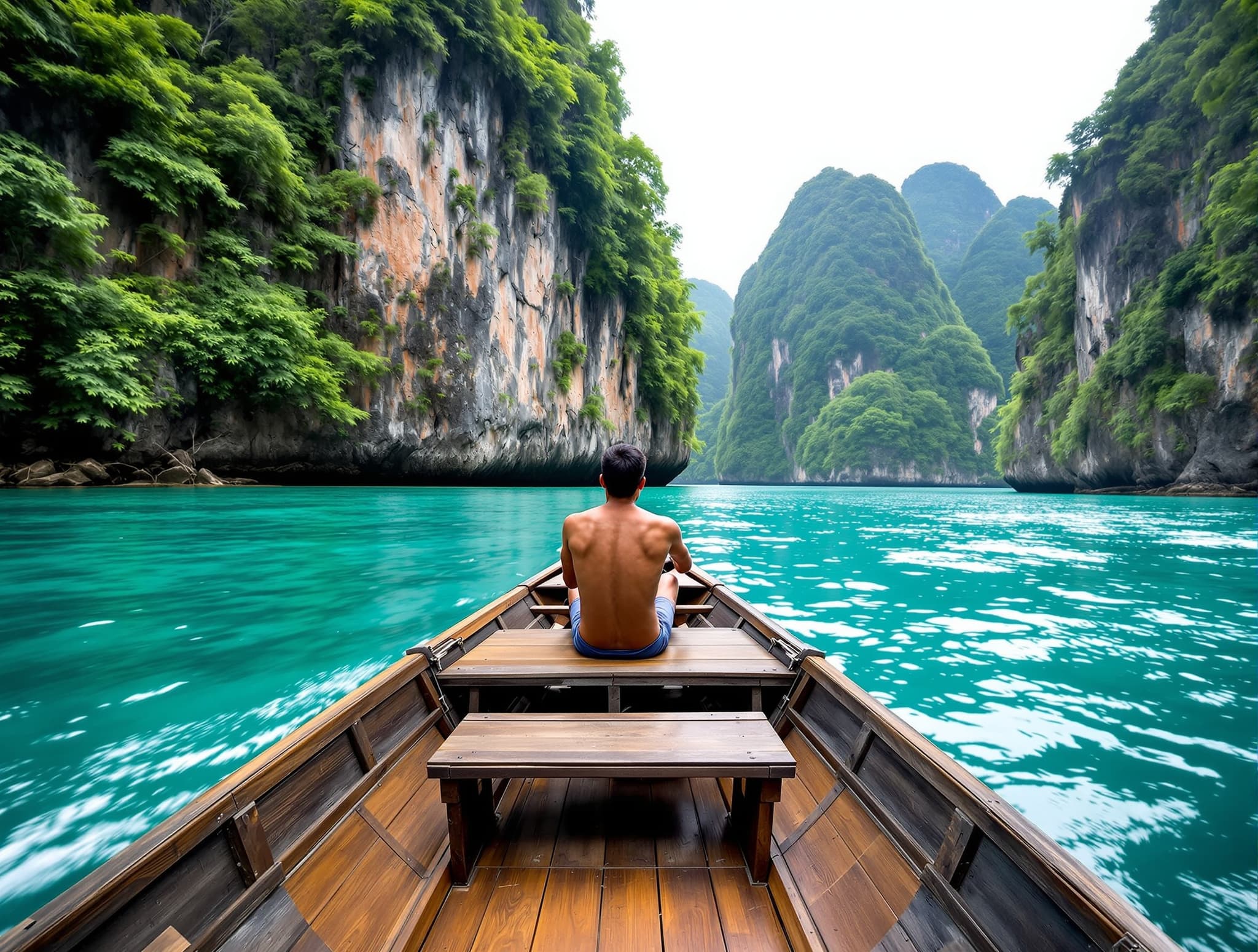 A traditional wooden speedboat or longboat moving through the turquoise channels between Raja Ampat's karst islands, representing the logistical reality the article describes — that almost every activity here requires a boat transfer and local coordination