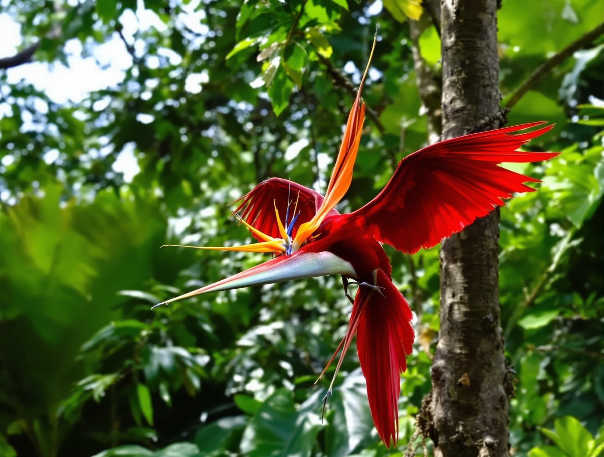 Red Bird of Paradise displaying in forest canopy in Raja Ampat or West Papua, representing the article's description of birdwatching on Waigeo and Batanta as a compelling reason to visit during the wet season when the birds are most active