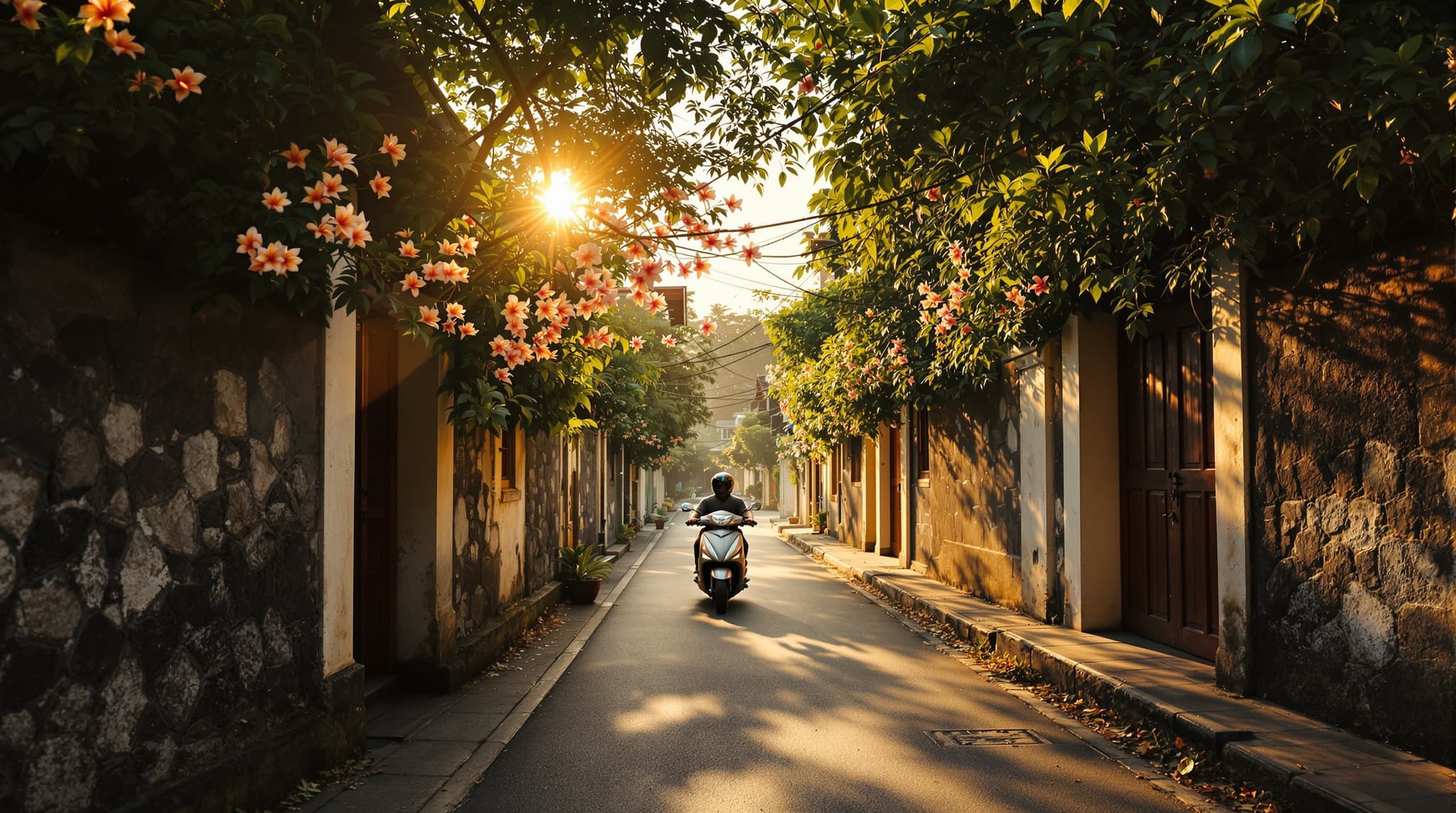 A sun-drenched street or beach scene in Bali capturing the island's layered character — lush greenery, warm golden light, and signs of real life — representing the honest, area-by-area guide to choosing where to stay in Bali