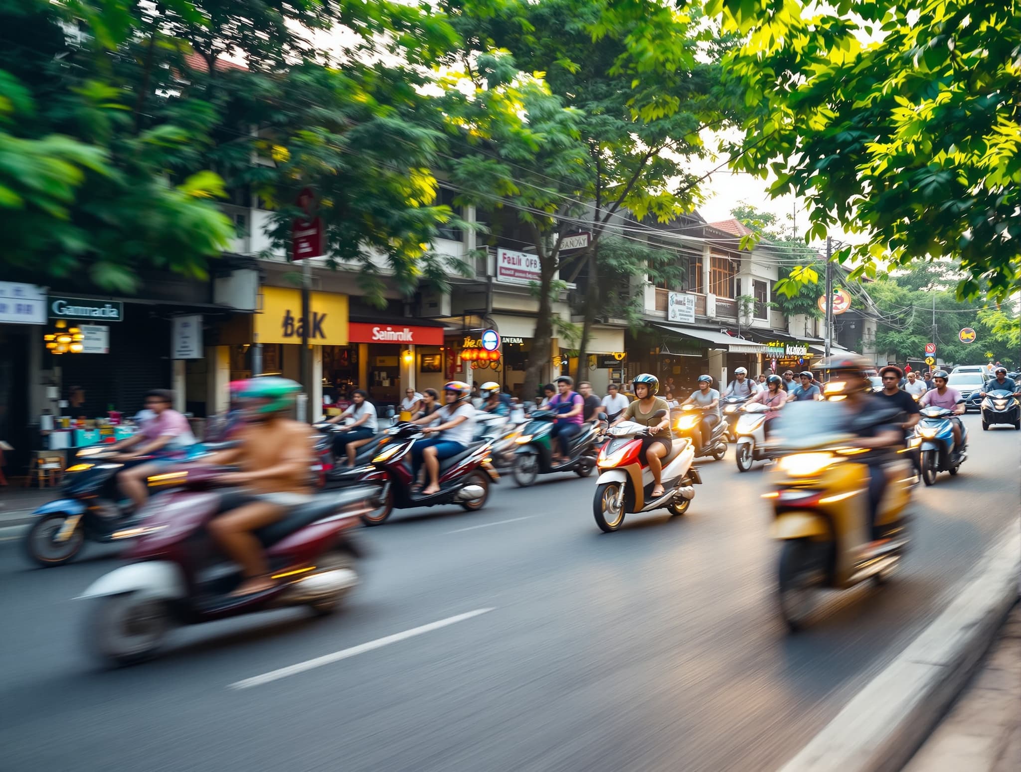 Bali traffic or a Grab ride scene illustrating the island's transport reality — the absence of public transit and reliance on scooters and ride-hailing apps that the article identifies as a key decision variable when choosing where to stay