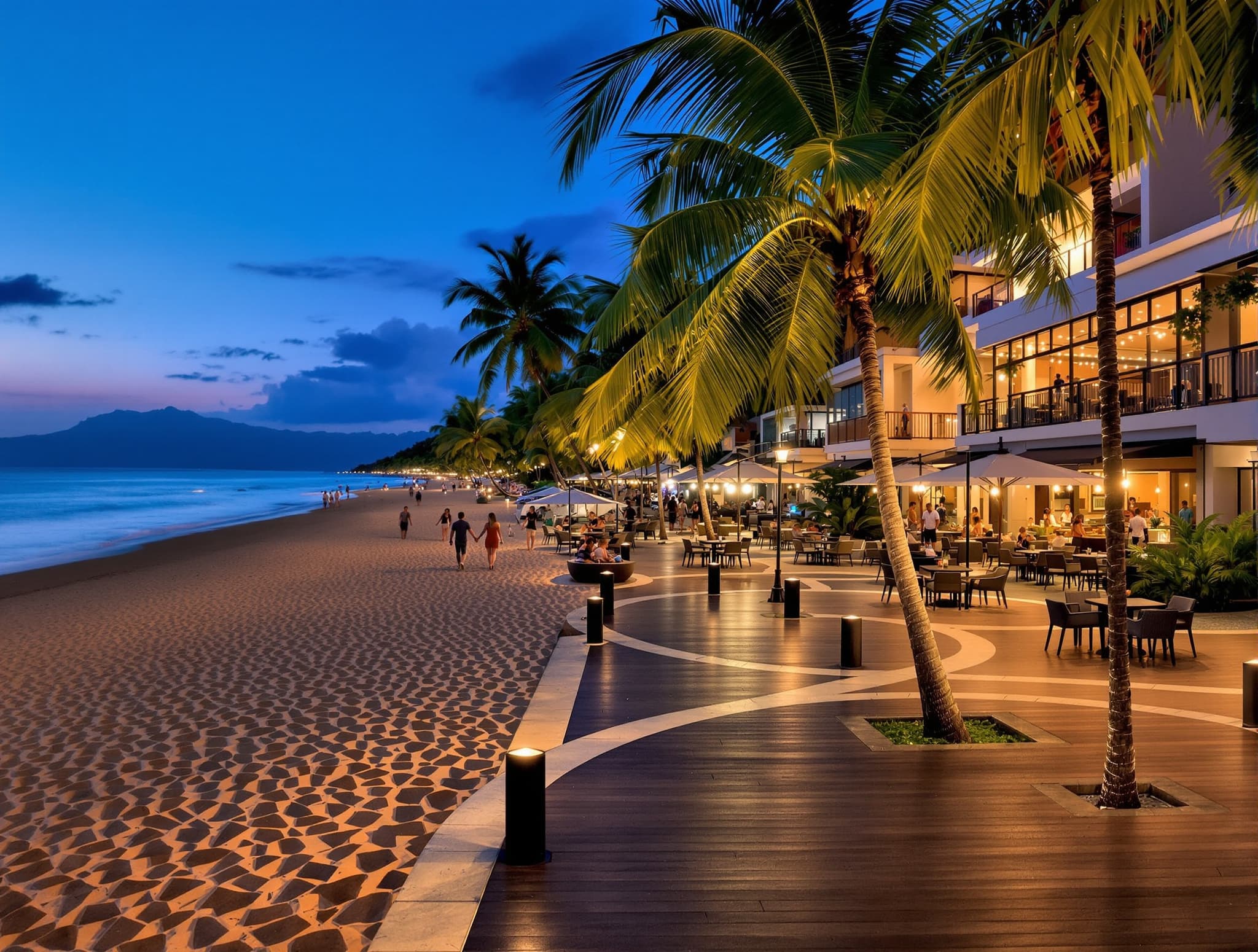Seminyak's beachfront or dining strip at dusk, showing the polished, walkable character the article recommends for couples and first-timers — upscale restaurants, warm lighting, and the relaxed energy of Bali's most complete neighborhood