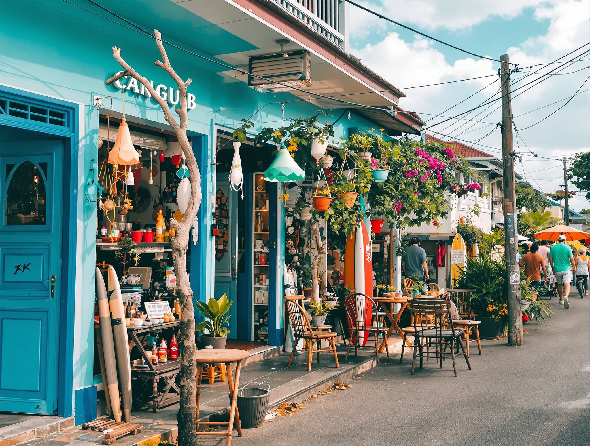 Canggu's surf and café culture — a street or beach scene capturing the creative, energetic neighborhood the article recommends for digital nomads, surfers, and long-stay visitors, with the honest caveat of congestion