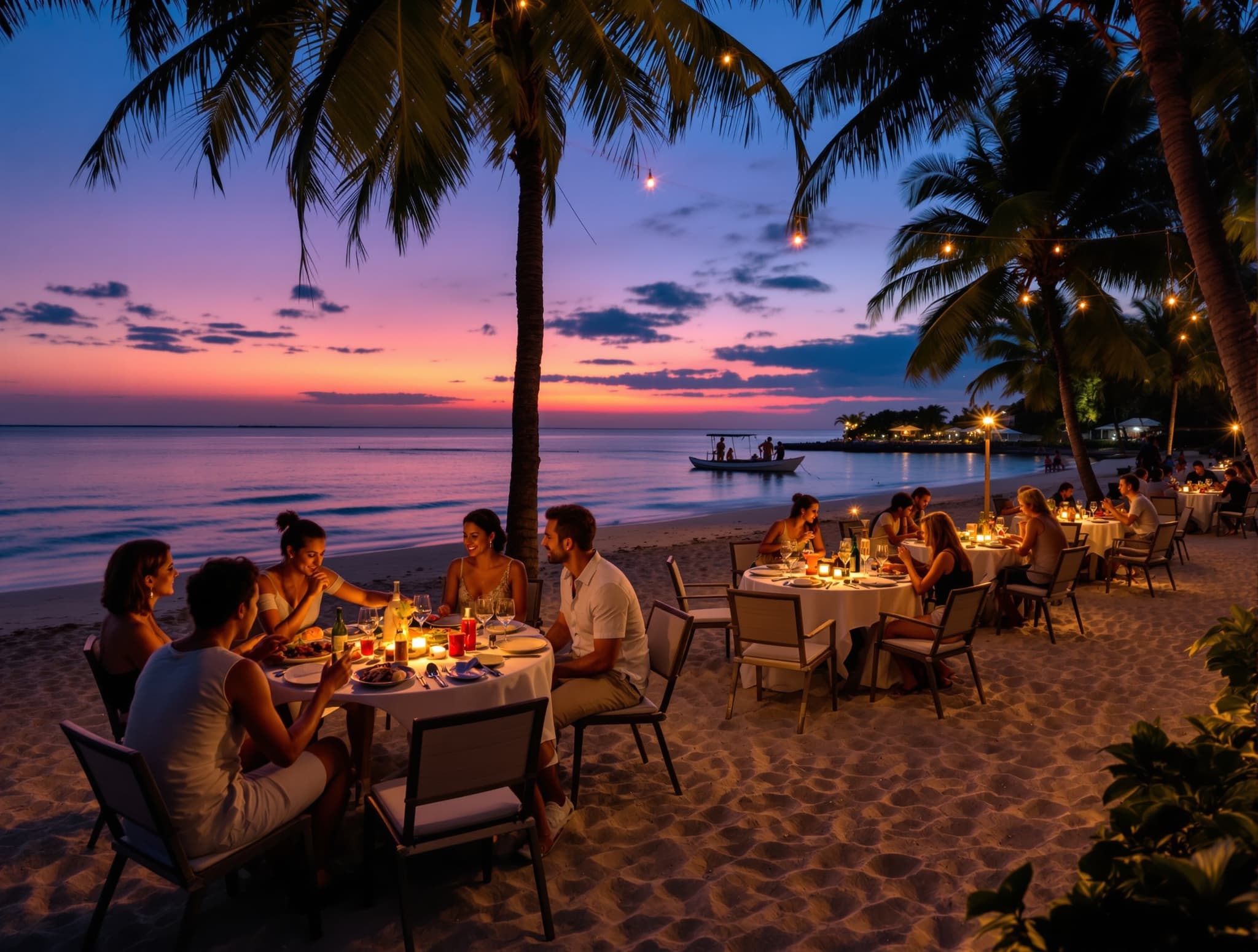 Jimbaran Bay seafood dinner on the beach at dusk — the iconic beach dining scene the article highlights as the area's signature experience, with tables on the sand, grilled seafood, and the bay's calm water in the background