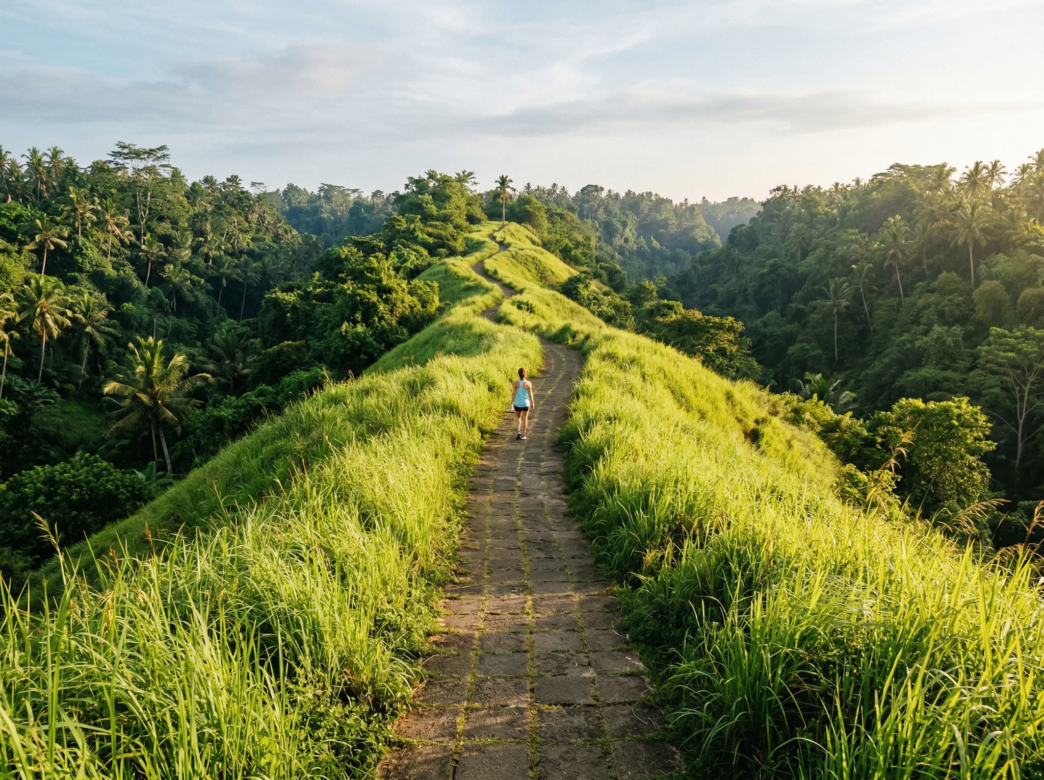 The Campuhan Ridge Walk path at dawn or early morning, showing the tall alang-alang elephant grass on both sides of the narrow paved trail catching warm golden sidelight — illustrating the article's central advice that early morning transforms the experience of this walk