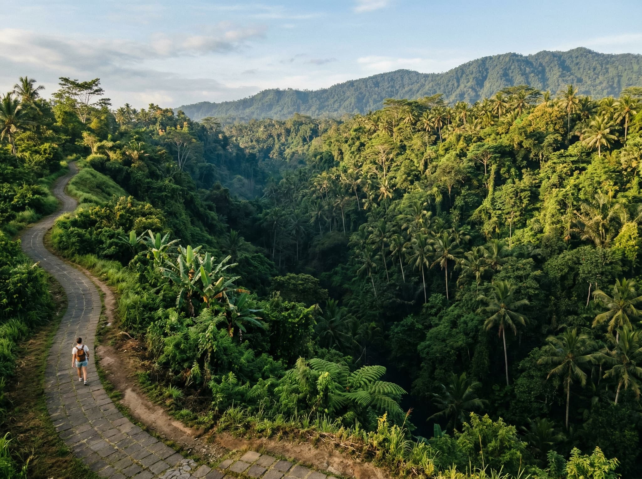 The Campuhan Ridge Walk viewed from the ridge looking down into one of the river valleys below, showing the depth and tropical vegetation that gives the trail its sense of expansiveness — supporting the article's claim that the landscape feels disproportionately large for how close it is to central Ubud