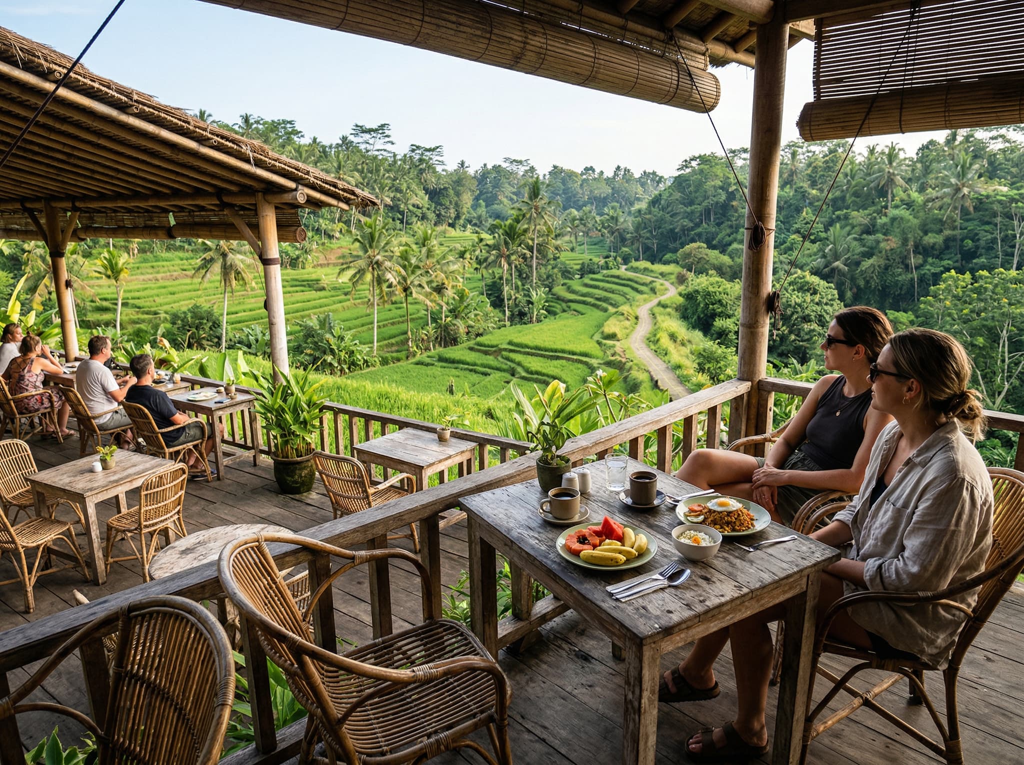 A café or warung along Jalan Raya Campuhan in Ubud with an open-air terrace overlooking a river valley — representing the post-walk breakfast experience described in the Practical Details section, including the mention of Karsa Kafe near rice terraces