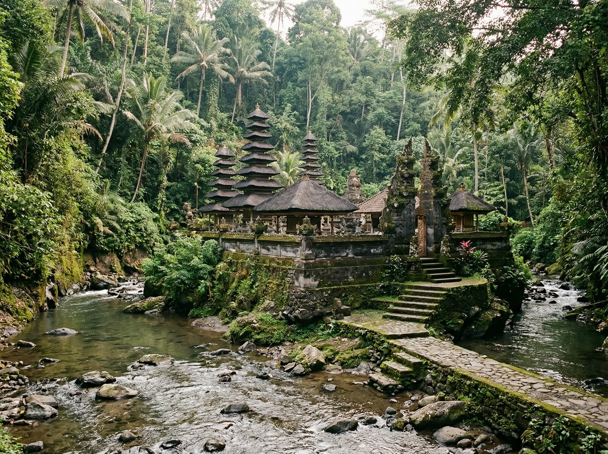 Pura Gunung Lebah temple at the confluence of the two Wos River tributaries in Campuhan, Ubud — the 8th-century Hindu-Balinese temple that sits at the trailhead, illustrating the spiritual significance of the Campuhan location described in the article