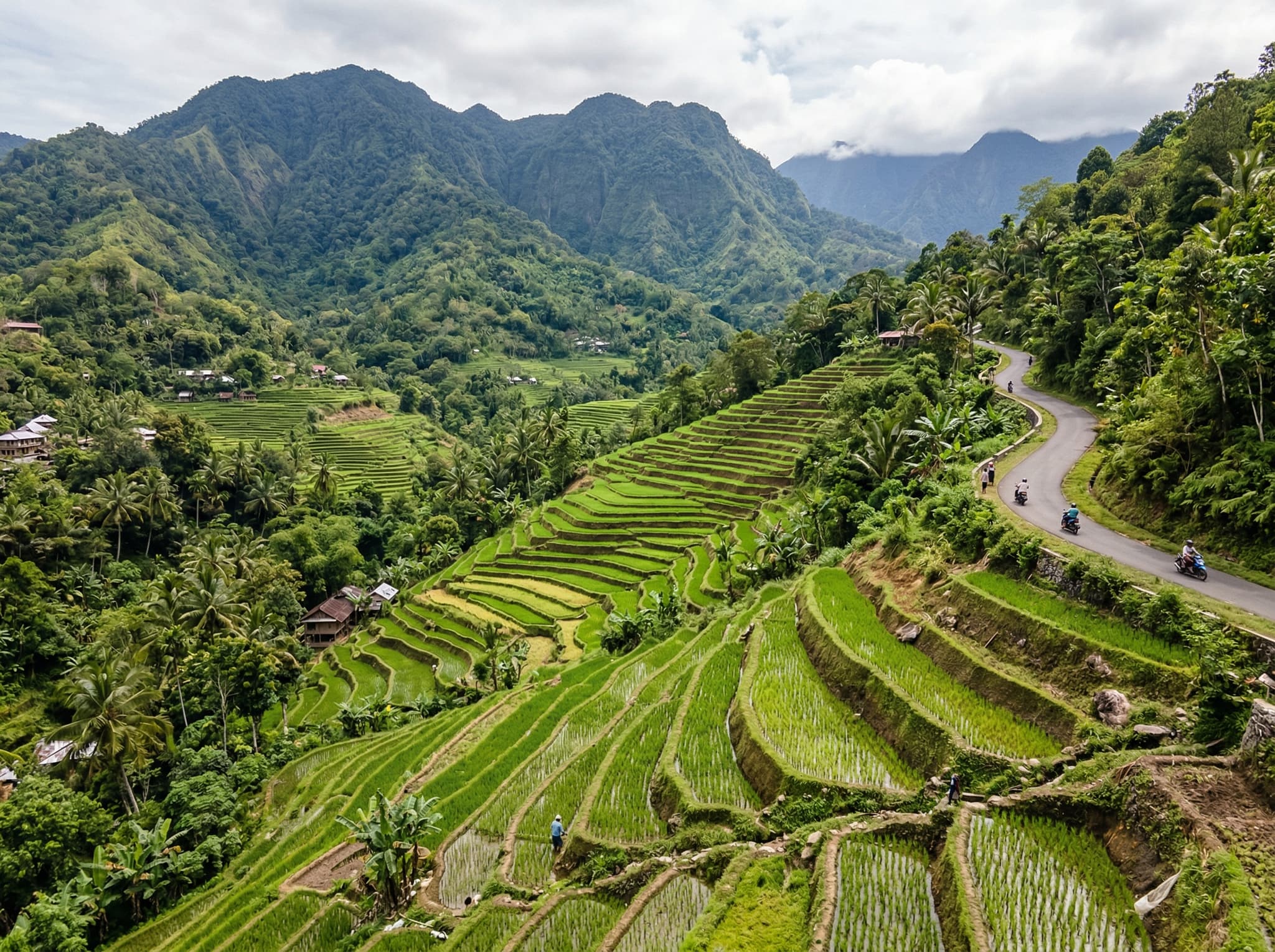 The road between Ende and Moni passing through the Detusoko rice terraces on Flores, Indonesia — stepped green paddies on volcanic hillsides, a recommended scenic stop on the overland route to Moni village.