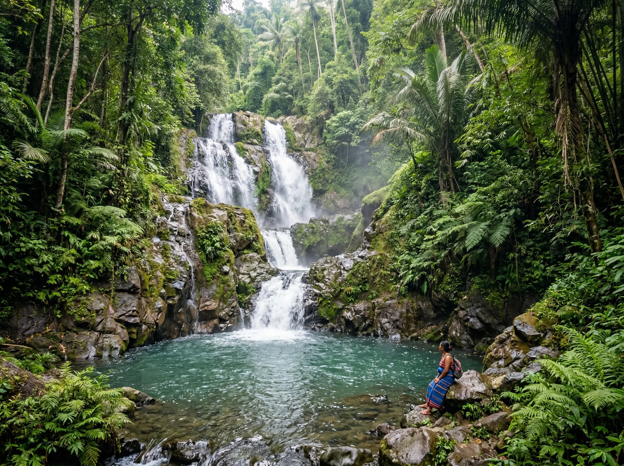 Moni Waterfalls near Moni village, Flores, Indonesia — multi-tiered jungle cascades with swimmable pools, a recommended second-day activity for travelers extending their stay beyond the Kelimutu sunrise hike.