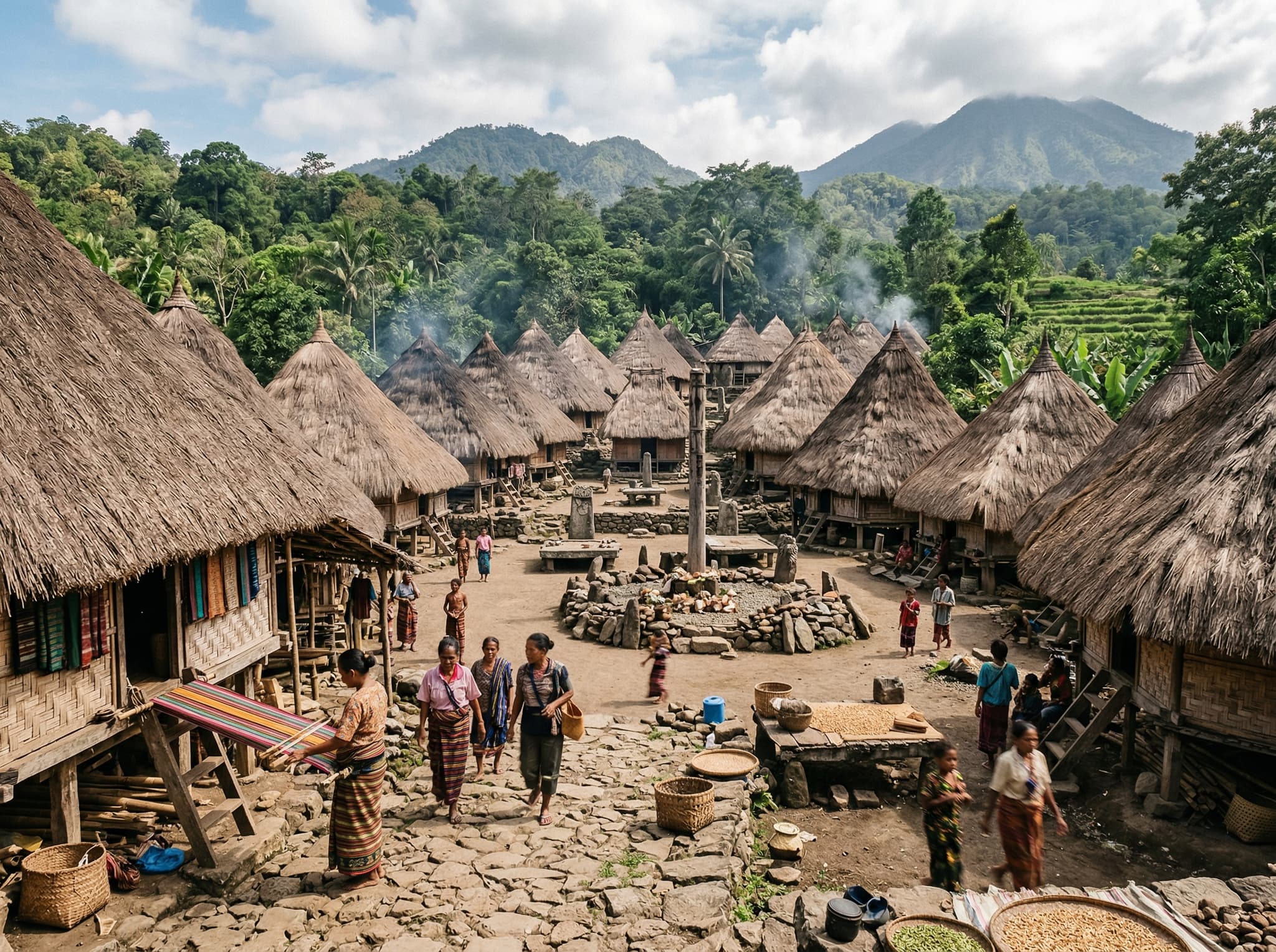 Wologai Traditional Village on Flores, Indonesia — circular traditional Lio tribe houses arranged around the central Tubu Kanga offering site, a living cultural village recommended as a second-day visit from Moni.