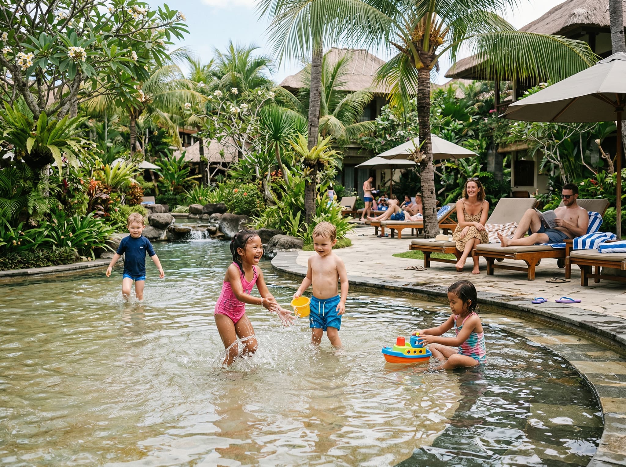 Children playing at a resort kids' pool or kids' club in Bali — representing the Panda Kids Club and children's pool facilities that make Bintang Bali Resort one of the article's recommended options for families with young children