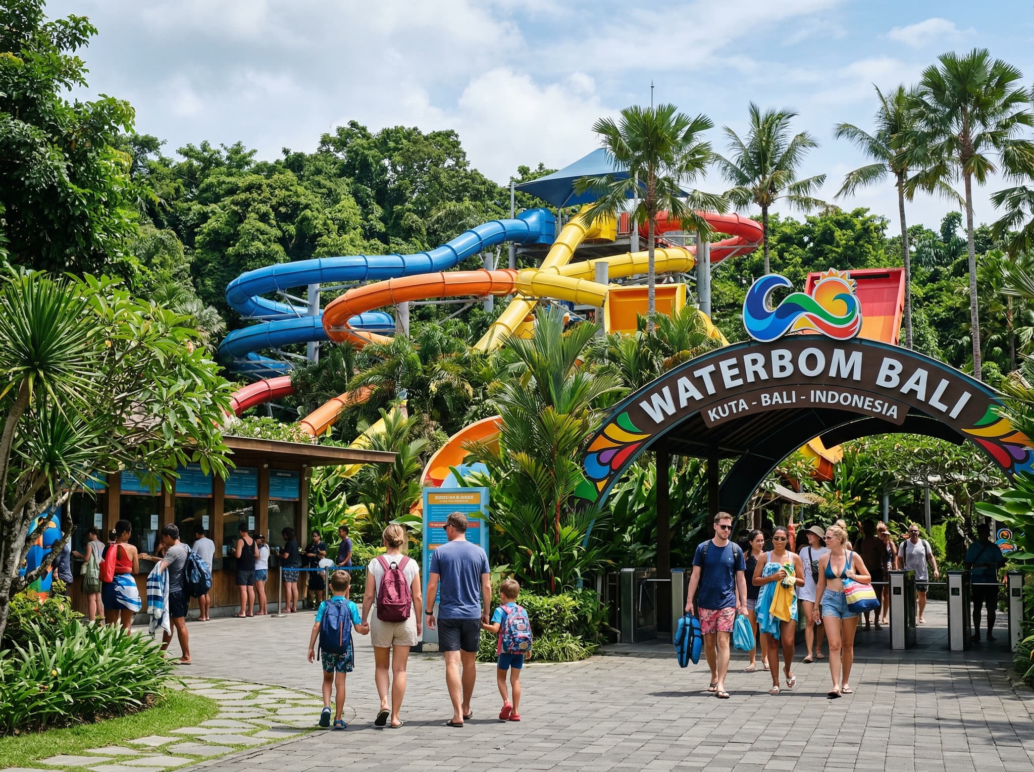 Waterbom Bali water park exterior or entrance area in Kuta — the nearby attraction cited as a 13-minute walk from the resort, relevant to the article's family travel recommendations