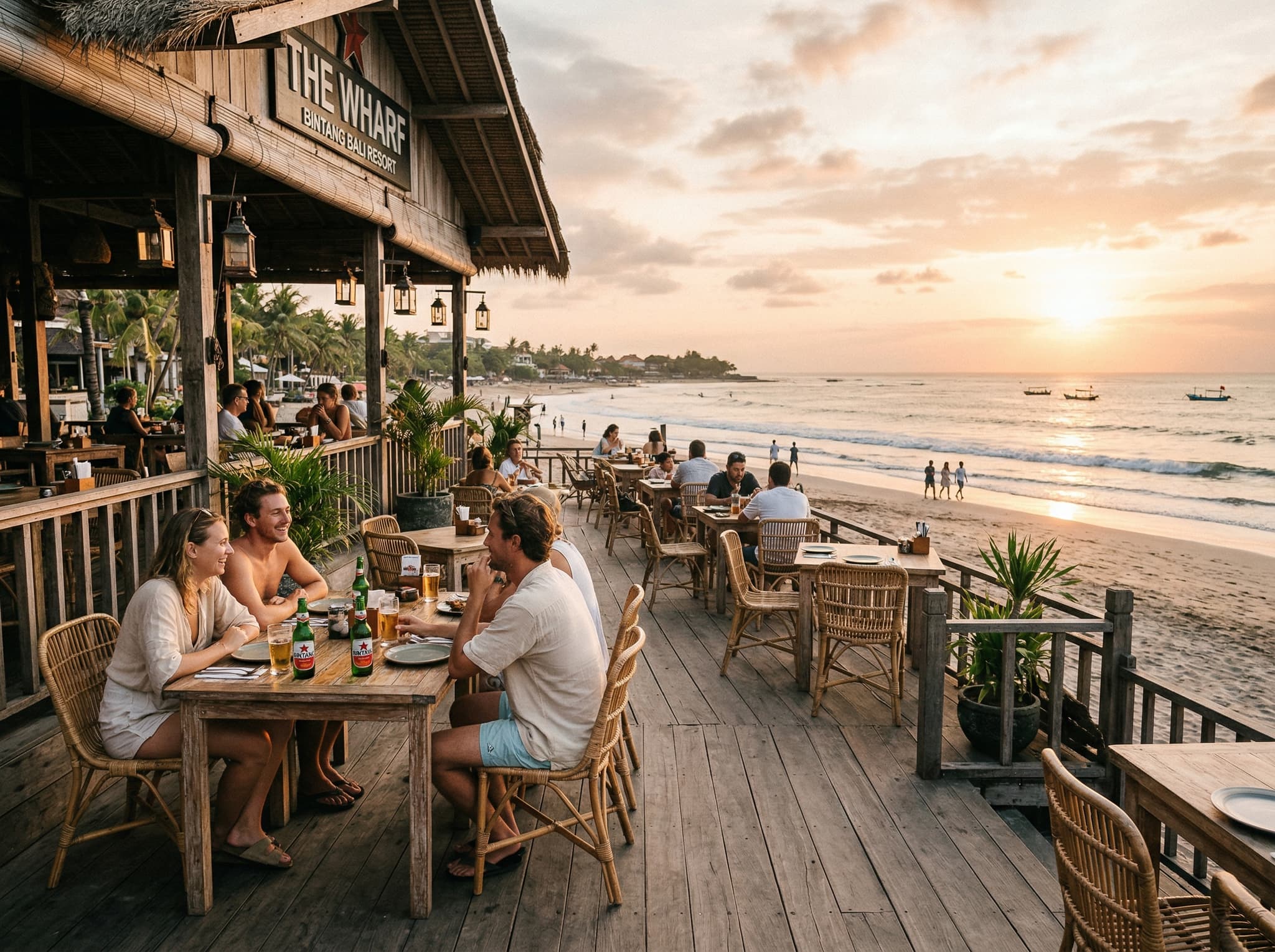 The Wharf Restaurant at Bintang Bali Resort — beachfront dining setting with outdoor tables, ocean view, and casual tropical atmosphere — illustrating the on-site dining section and the resort's most characterful restaurant
