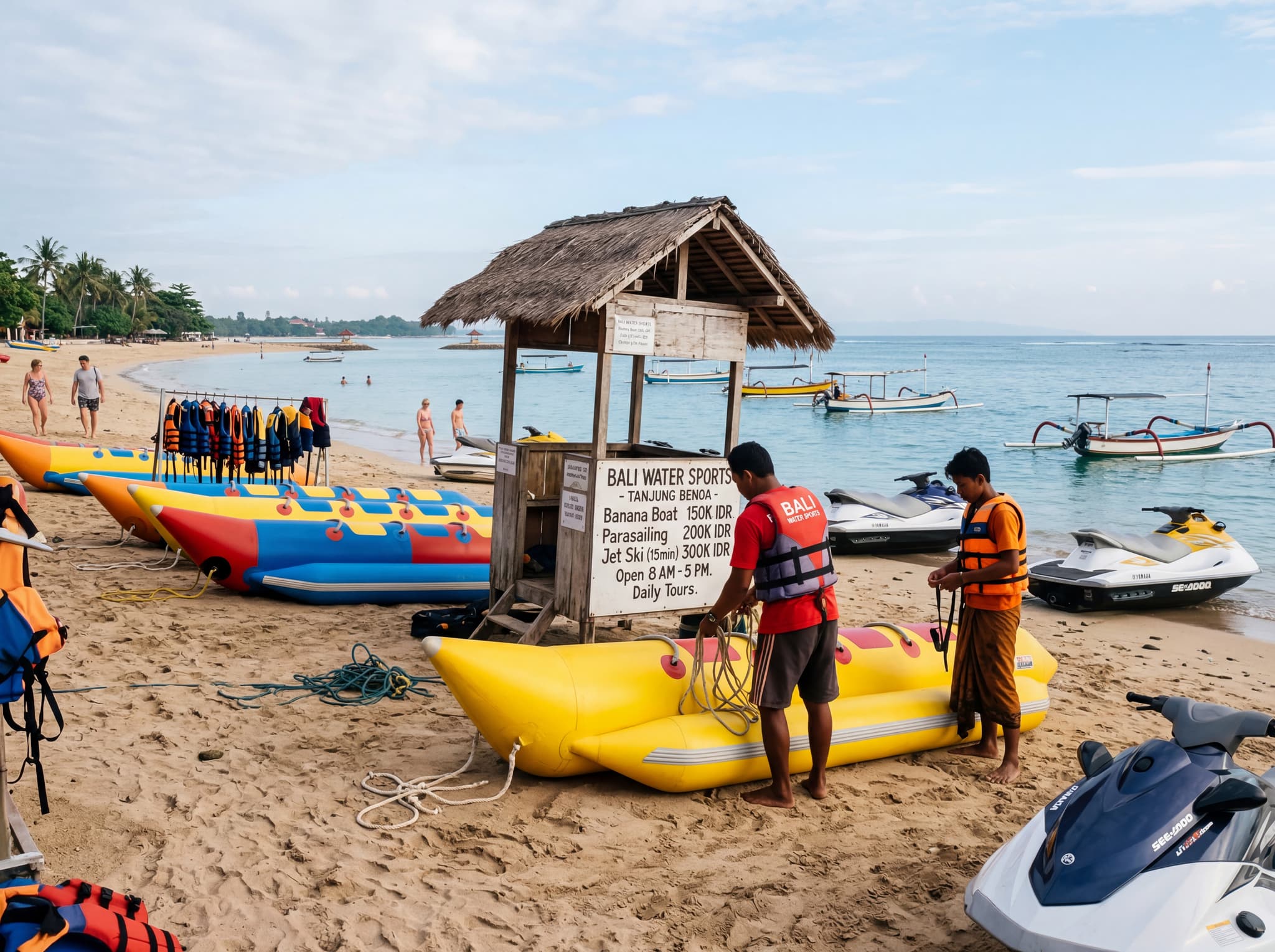 Ground-level view of Tanjung Benoa's beach road water sports strip — operators' booths, colorful inflatable banana boats or jet skis lined up on the sand, staff preparing equipment — showing the accessible, activity-driven character of the beachfront described in the article