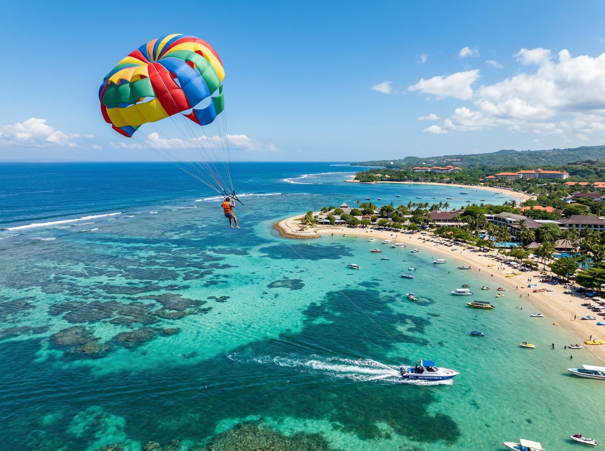 Parasailing over calm Balinese coastal water, with a colorful parachute against a blue sky and the shallow reef-protected bay below — illustrating the parasailing activity that is the most recognizable offering at Tanjung Benoa