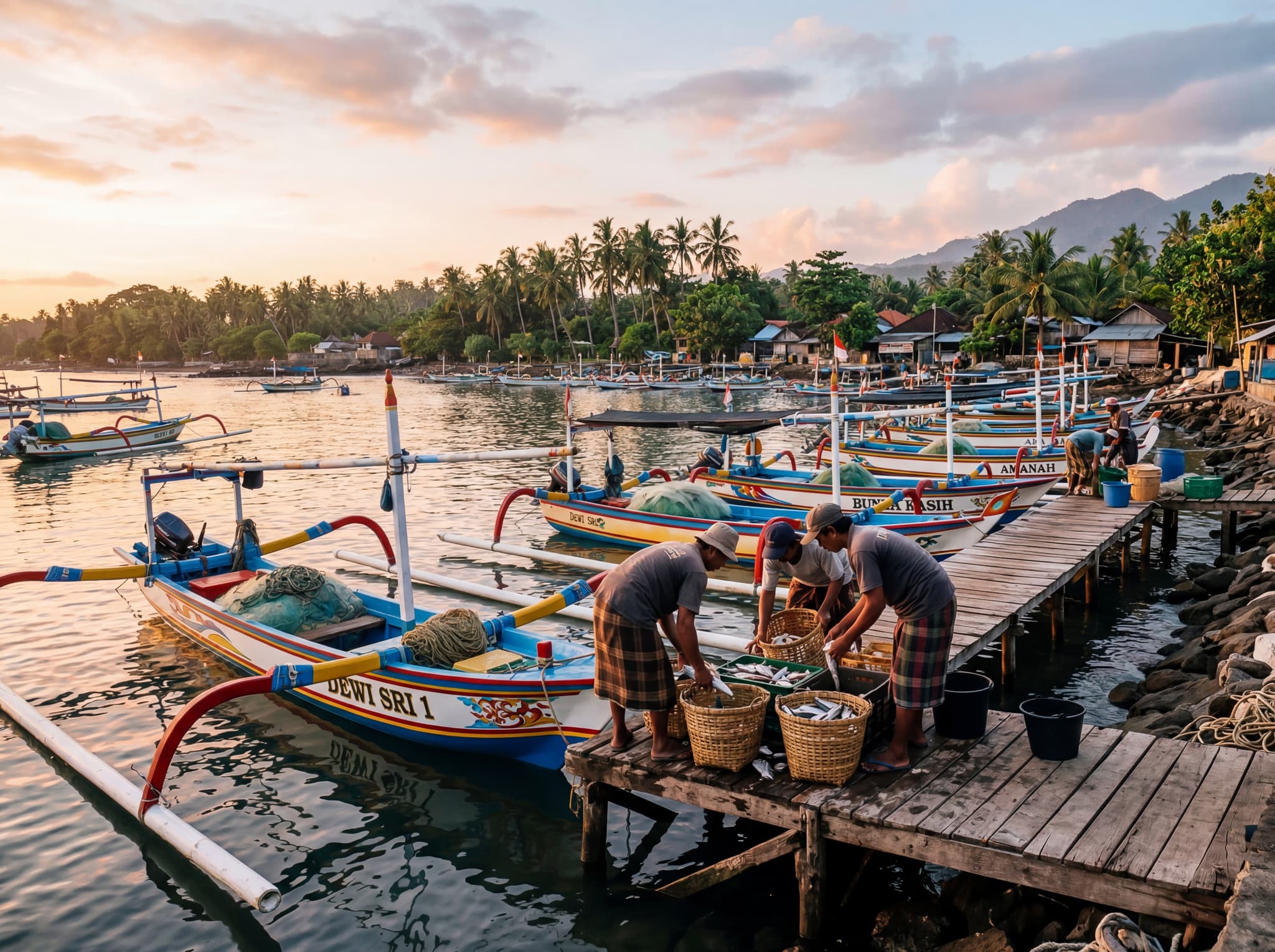 Early morning at Tanjung Benoa's fishing harbor — traditional Balinese wooden boats (jukung) moored or returning to shore, fishermen unloading catch in low light — illustrating the working fishing community beneath the tourist layer that the article highlights as a reward for curious visitors