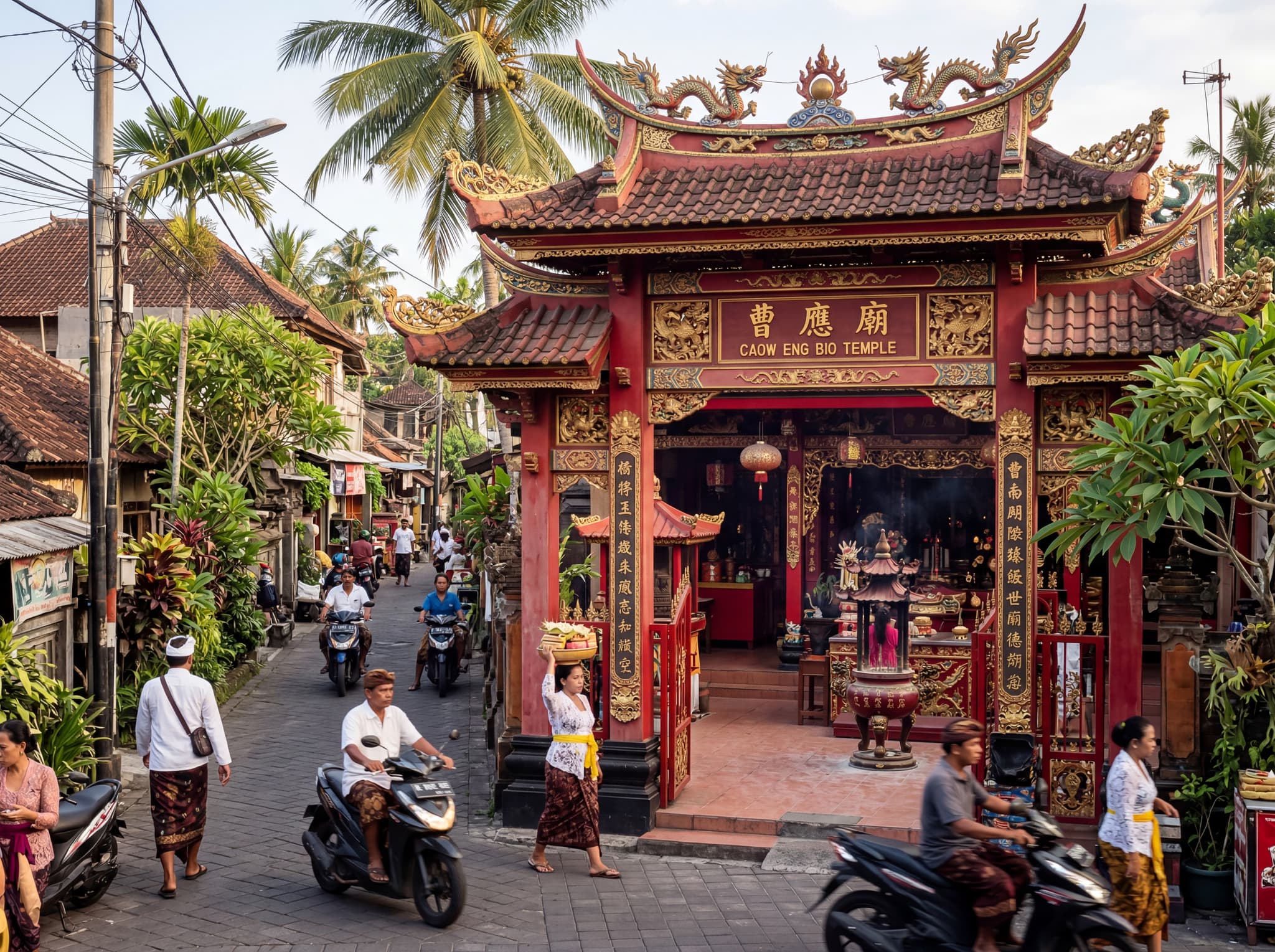 Caow Eng Bio Chinese Buddhist temple in Tanjung Benoa, Bali — its ornate red and gold facade or temple gate visible among the village lanes — representing the 18th-century multicultural trading history described in the article's cultural section