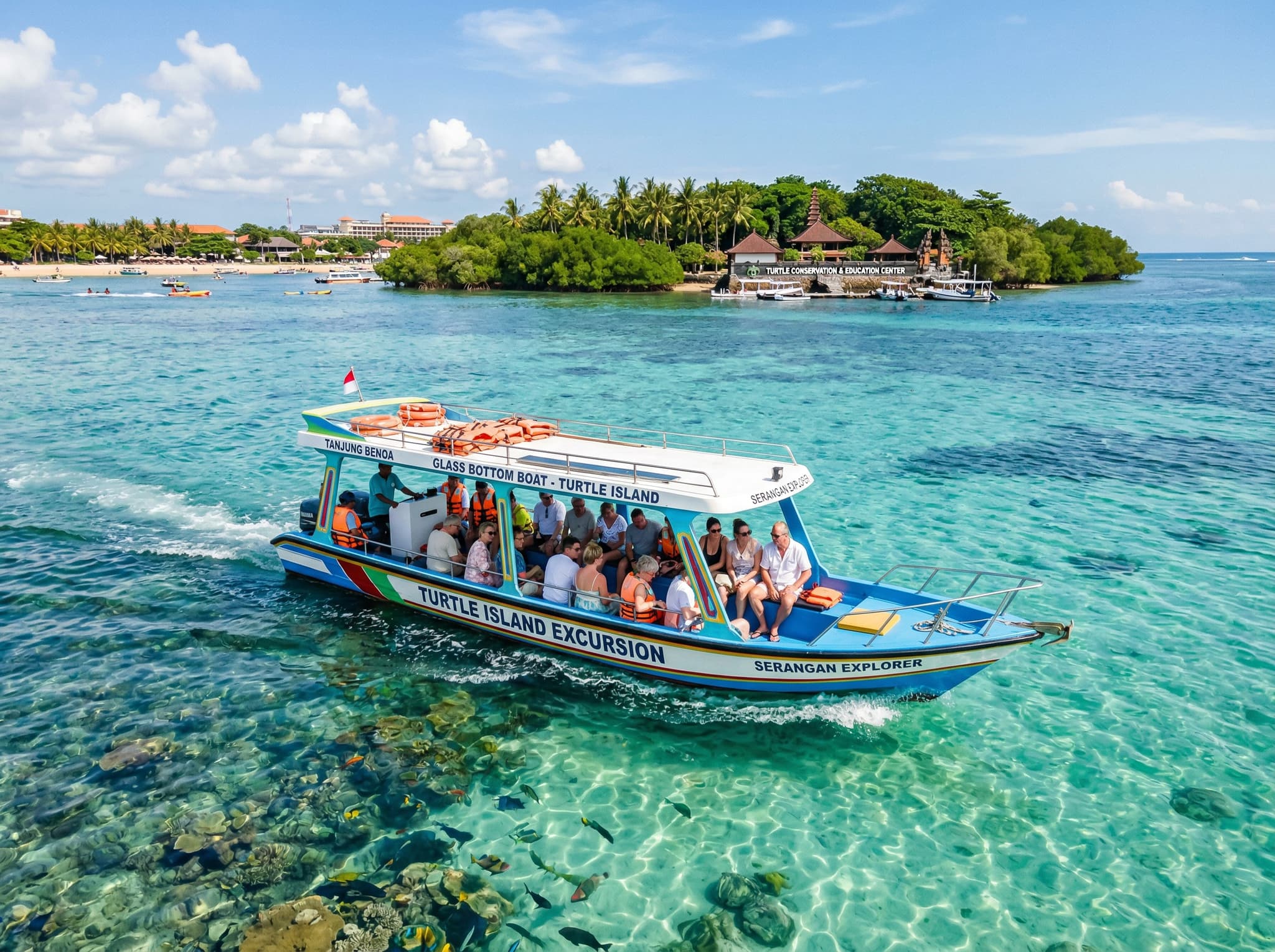 Glass-bottom boat approaching or departing toward Turtle Island (Pulau Serangan) from Tanjung Benoa, with shallow turquoise water visible — illustrating the boat excursion option mentioned in the article as a departure point for nearby island trips