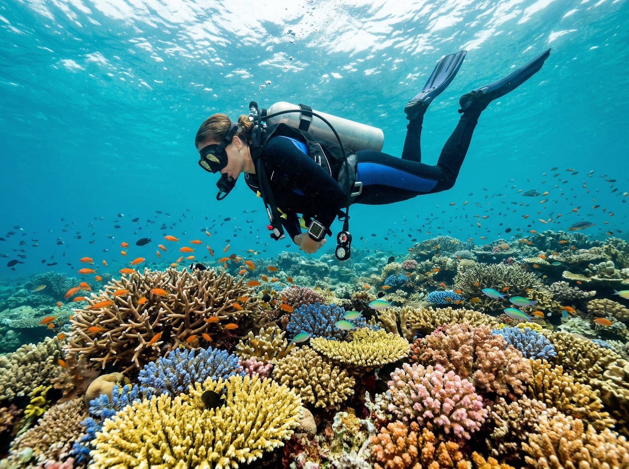 Underwater scene at a Raja Ampat reef showing a diver maintaining buoyancy above shallow coral formations — illustrating the article's emphasis on buoyancy control and responsible diving practice at fragile sites like Melissa's Garden.