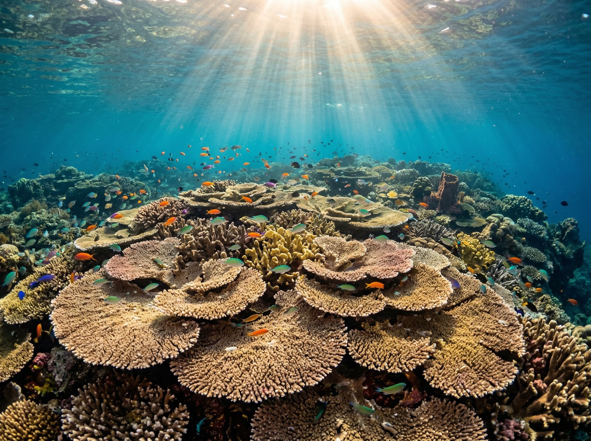 Morning light filtering through the surface of clear water onto shallow table corals in Raja Ampat — capturing the quality of light the article describes as the defining photographic condition at Melissa's Garden in the first hours after sunrise.