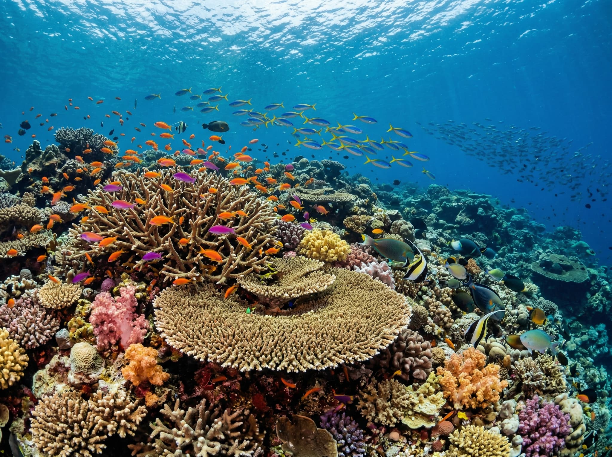 Healthy, vibrant coral reef in Raja Ampat showing diverse coral species and abundant fish life — illustrating the conservation section's point about what a protected, thriving reef looks like, and the tangible results of the Raja Ampat Marine Park entry fee and local sasi fishing closures.