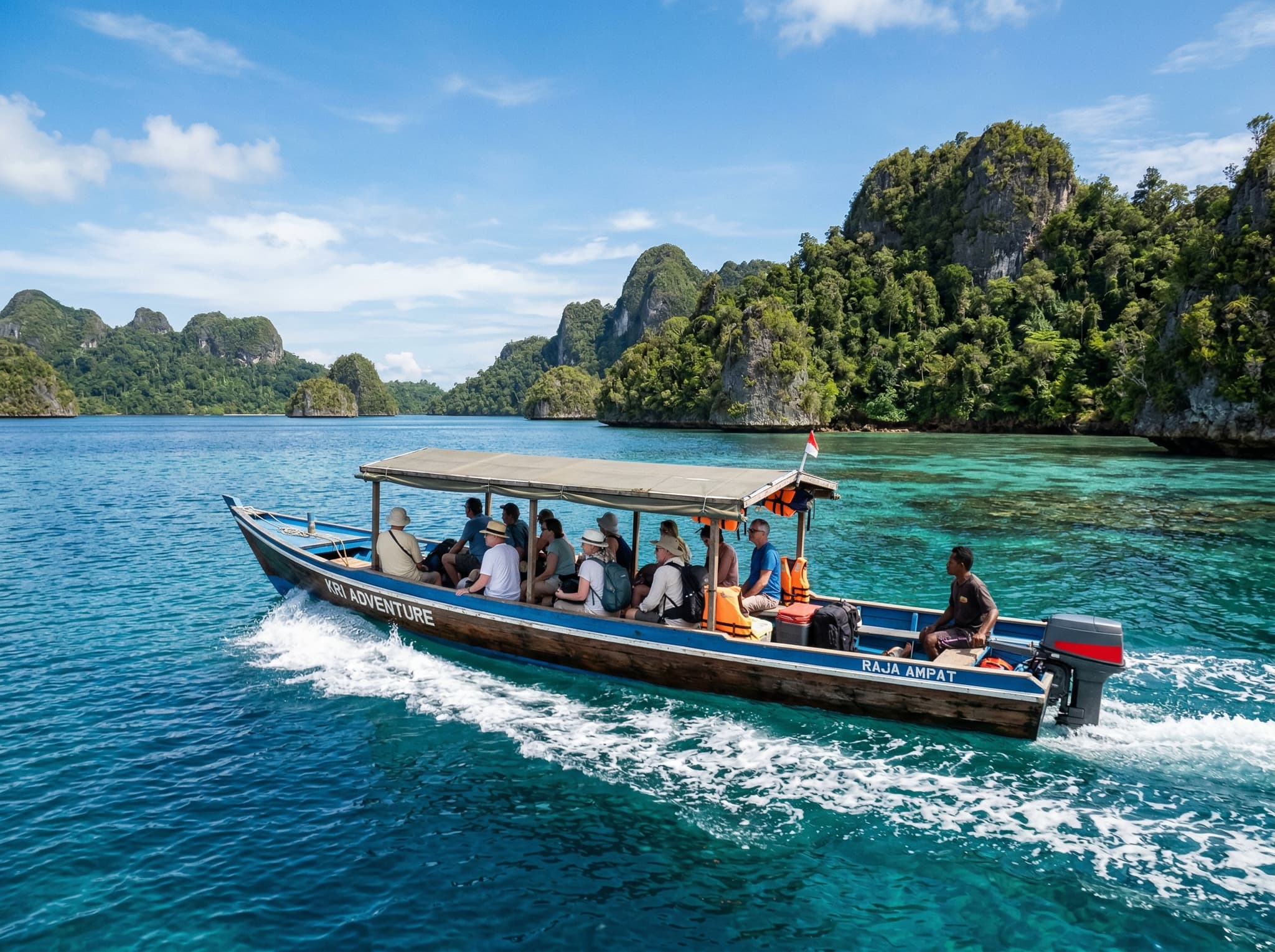 Speedboat or traditional wooden boat crossing the Dampier Strait between islands in Raja Ampat — representing the boat transfer journey from Sorong or Waisai that visitors take to reach dive sites like Melissa's Garden near Kri and Gam islands.