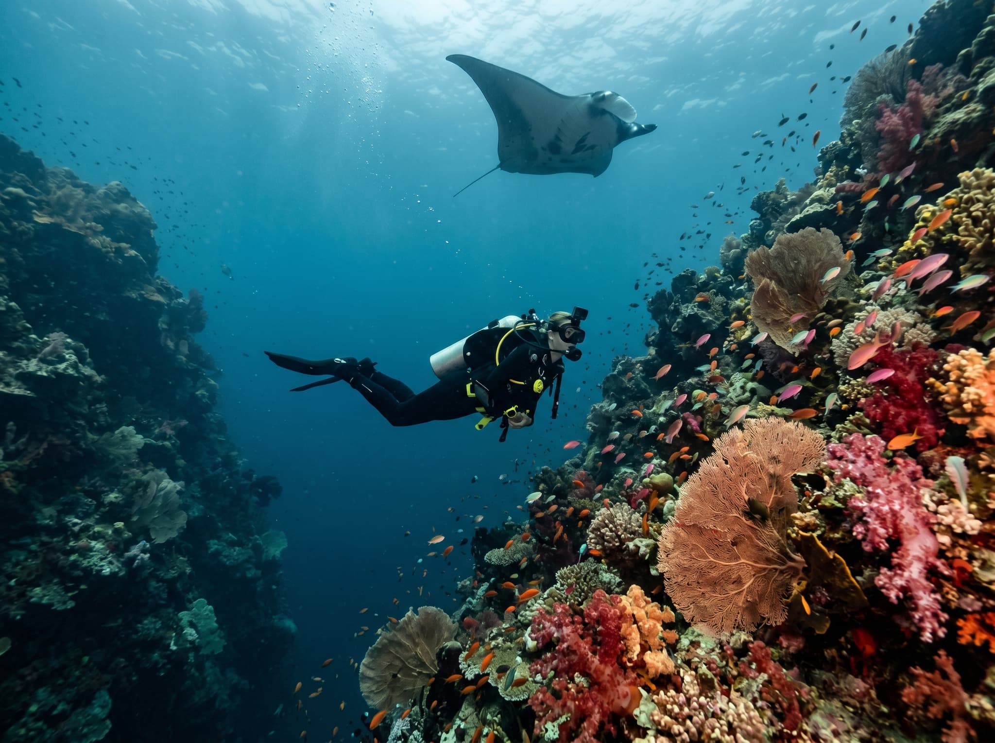 A scuba diver in drift diving position moving through a strong current in a deep underwater channel, illustrating the advanced conditions at Manta Alley — strong currents, significant depth, and the technical skill required to dive this site