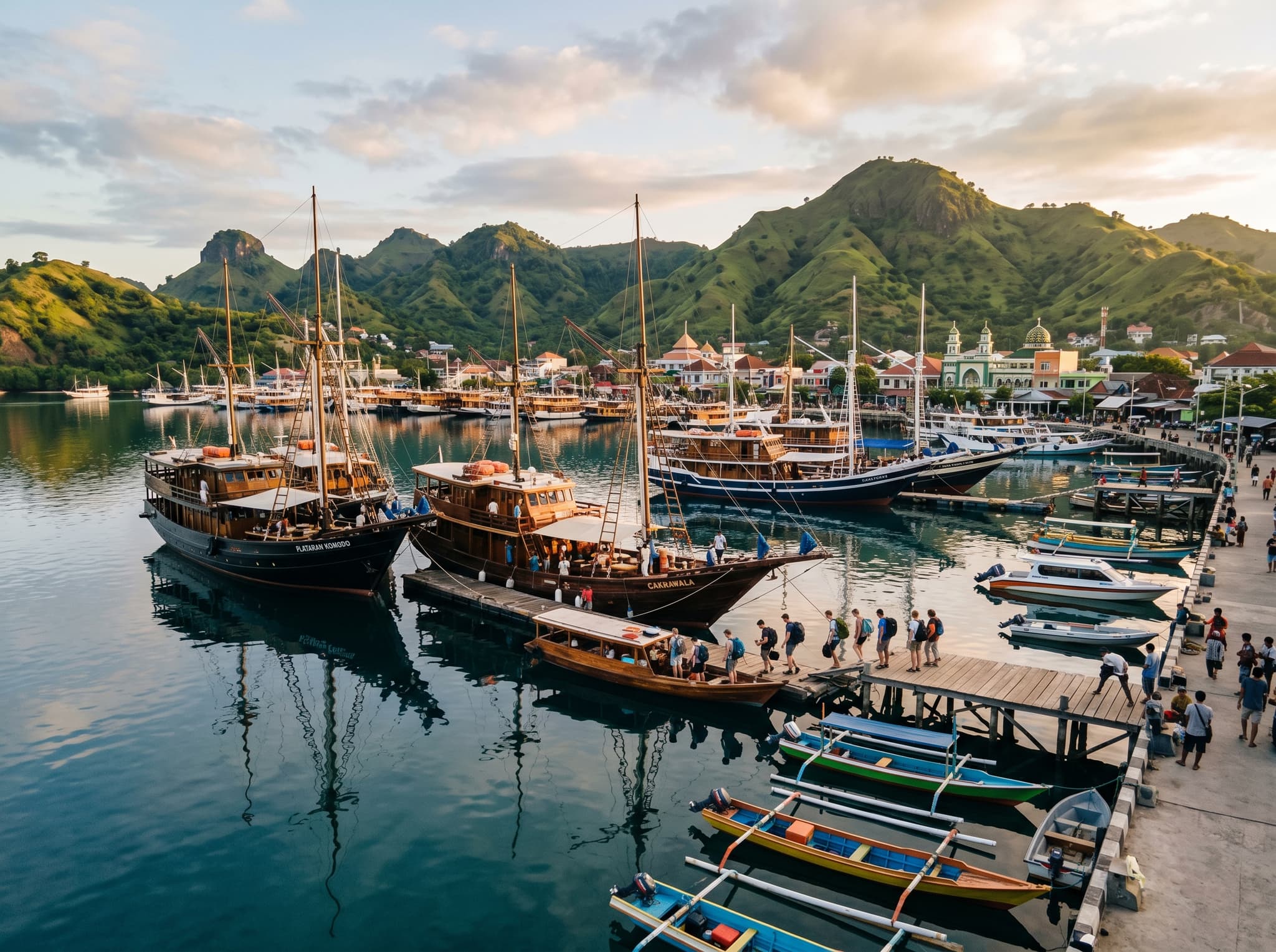 Labuan Bajo harbor at dawn or early morning with traditional wooden phinisi liveaboard boats moored in the bay, Flores island hills in the background — showing the gateway town where all Komodo National Park dive trips depart