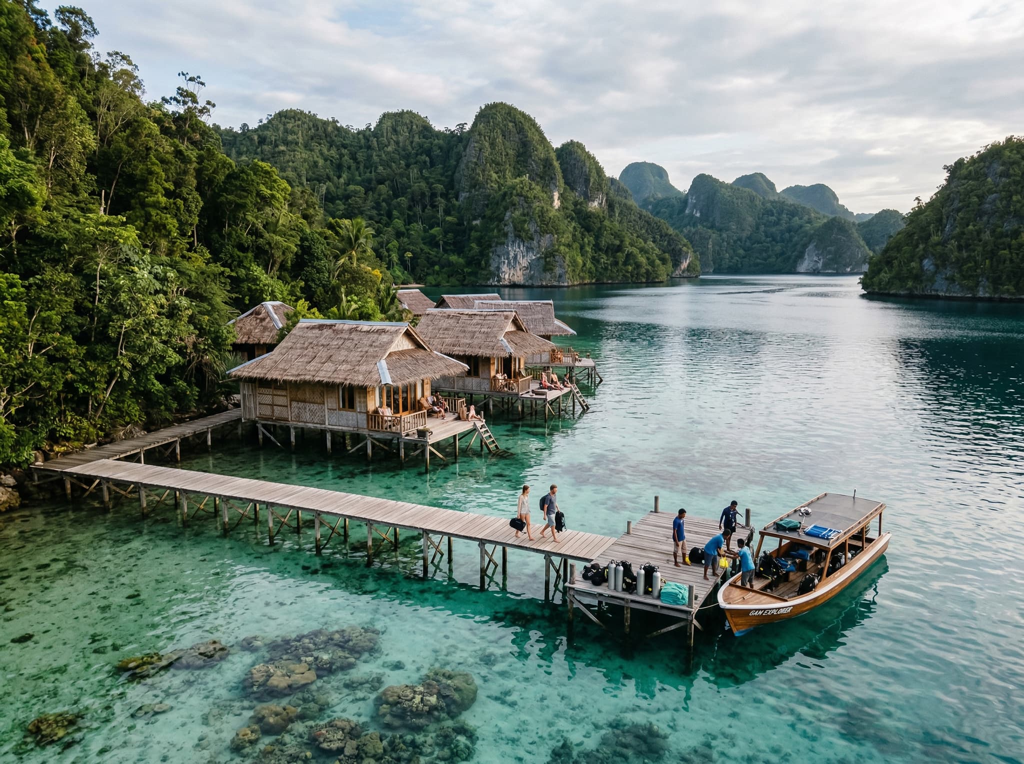 Raja Ampat Biodiversity Eco Resort on Gam Island, showing overwater bungalows or resort dock with jungle backdrop and calm bay water — representing the resort-based access option to Batu Lima described as a 5–15 minute boat ride from the site