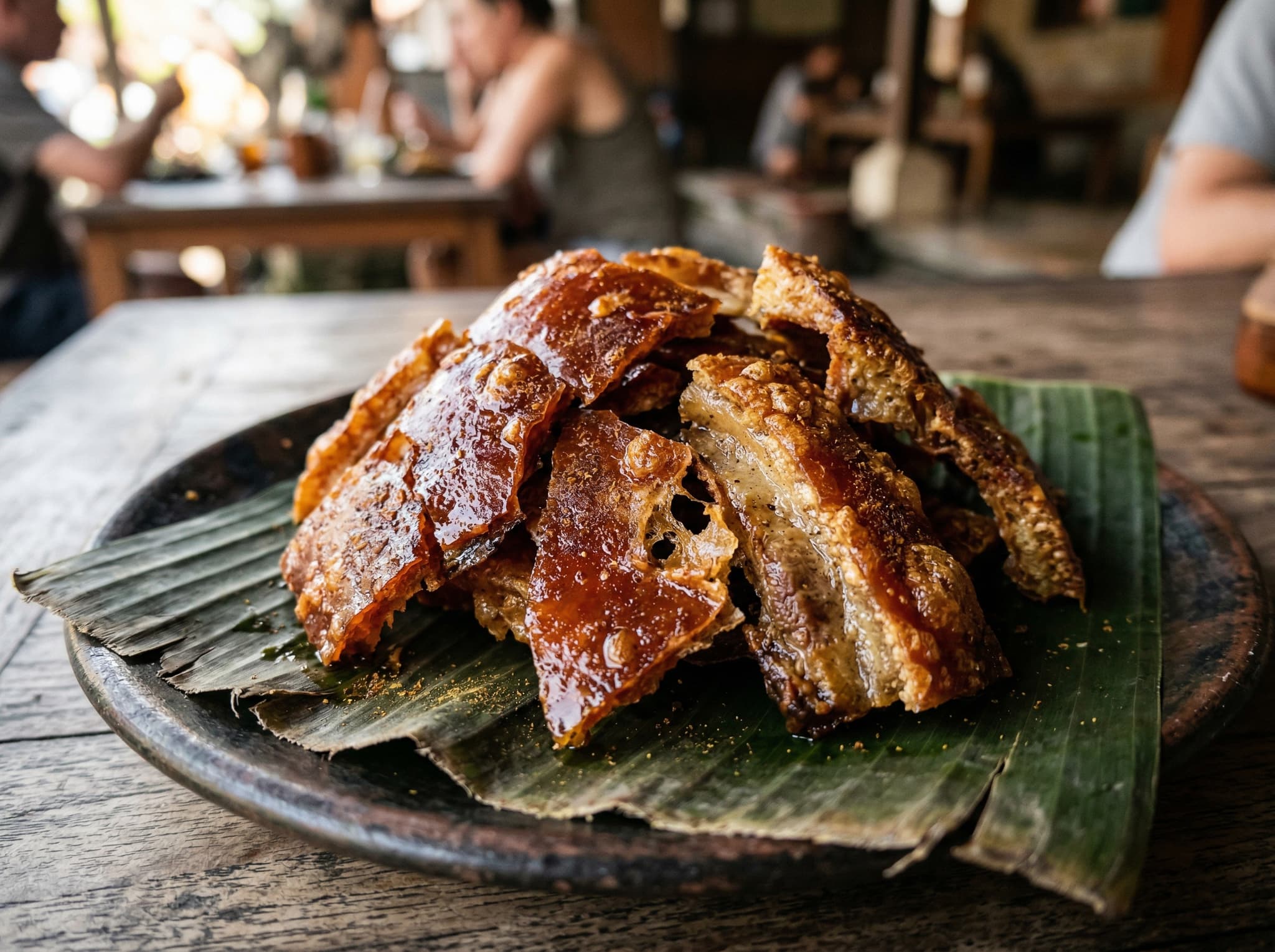 A close-up of shattered babi guling crackling skin — the deeply caramelized, brittle pork skin that is described as the star element of the Ibu Oka plate, illustrating the texture and color that defines the dish's reputation
