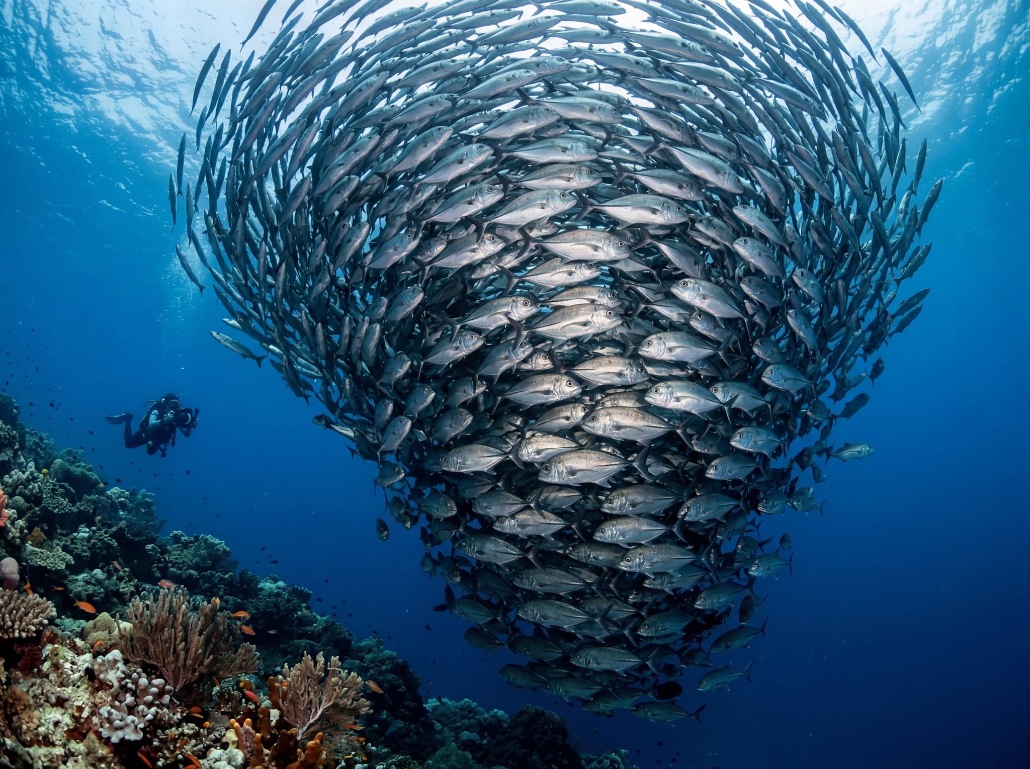 A school of barracuda or bigeye trevally forming a dense, swirling formation in open blue water at Blue Magic dive site, Raja Ampat — illustrating the pelagic spectacle the article describes as thick enough to block out the blue