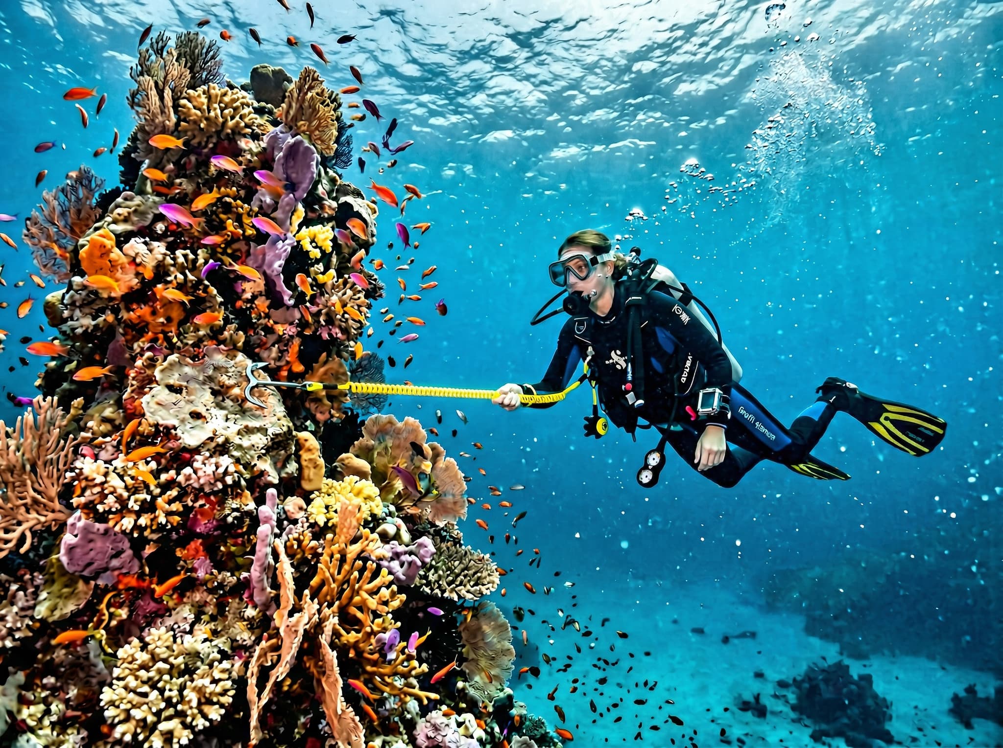 A diver hovering mid-water beside a coral-encrusted pinnacle in Raja Ampat, using a reef hook in strong current — visually conveying the advanced conditions and current-diving technique the article warns readers to prepare for