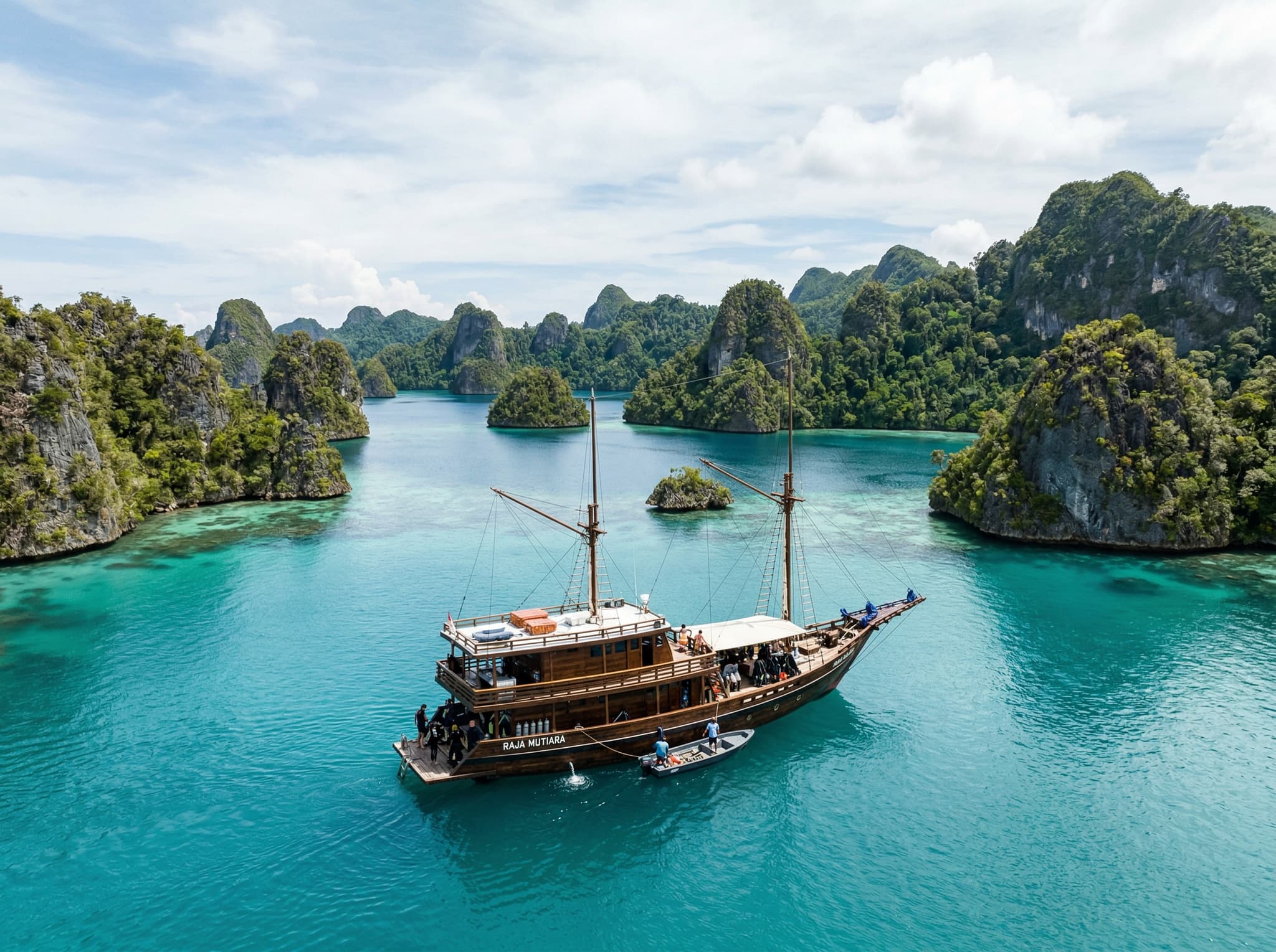 A wooden dive boat or liveaboard on calm turquoise water surrounded by the limestone karst islands of Raja Ampat — representing the remote boat-access logistics the article outlines for reaching Blue Magic