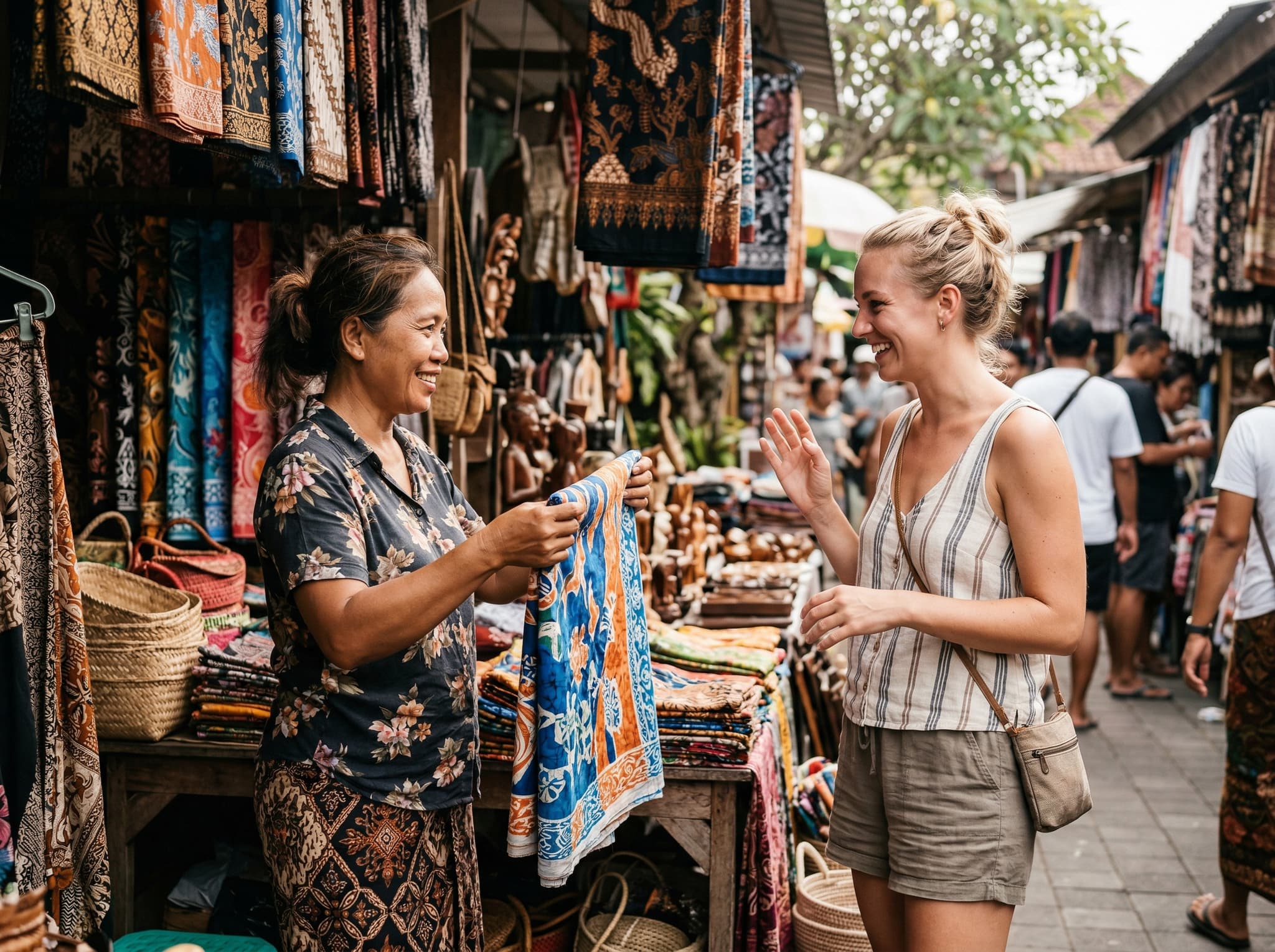 A tourist and vendor in friendly negotiation at a Bali market stall — capturing the bargaining dynamic described in the 'Bargaining' section, where haggling is expected and the exchange is described as generally good-natured.