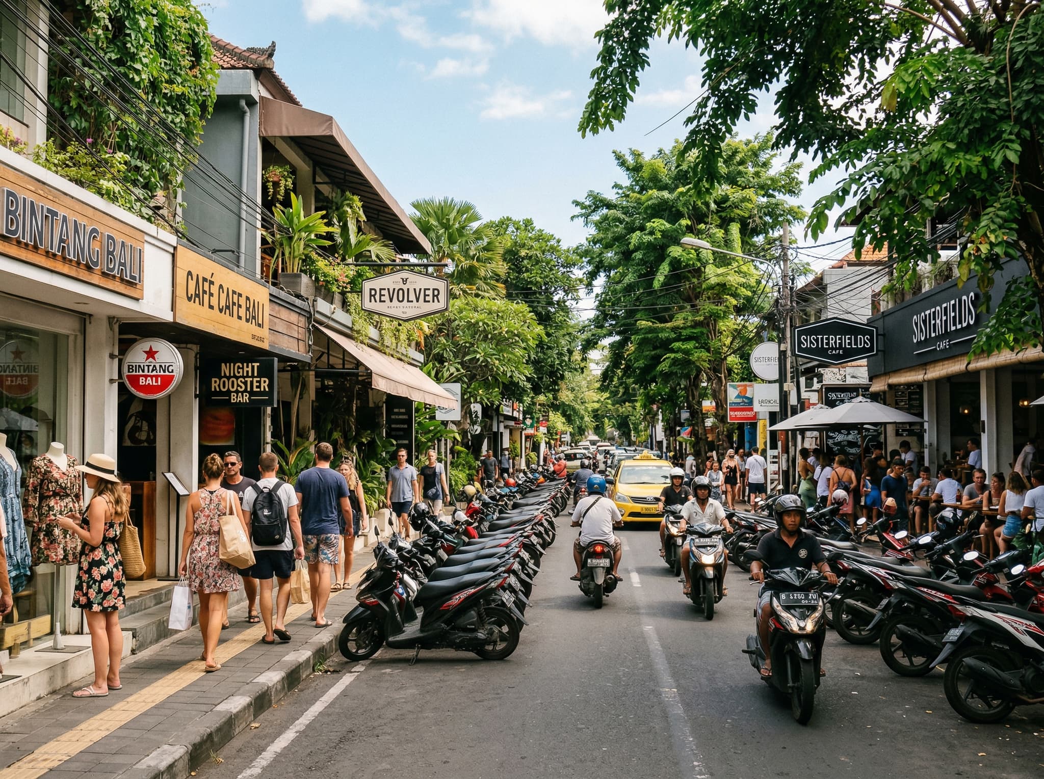 The streetscape of Jalan Kayu Aya (Jalan Oberoi) in Seminyak, showing the boutiques, cafés, and surf shops that surround the flea market — contextualizing the market's upscale neighborhood setting described in the 'Getting There' section.