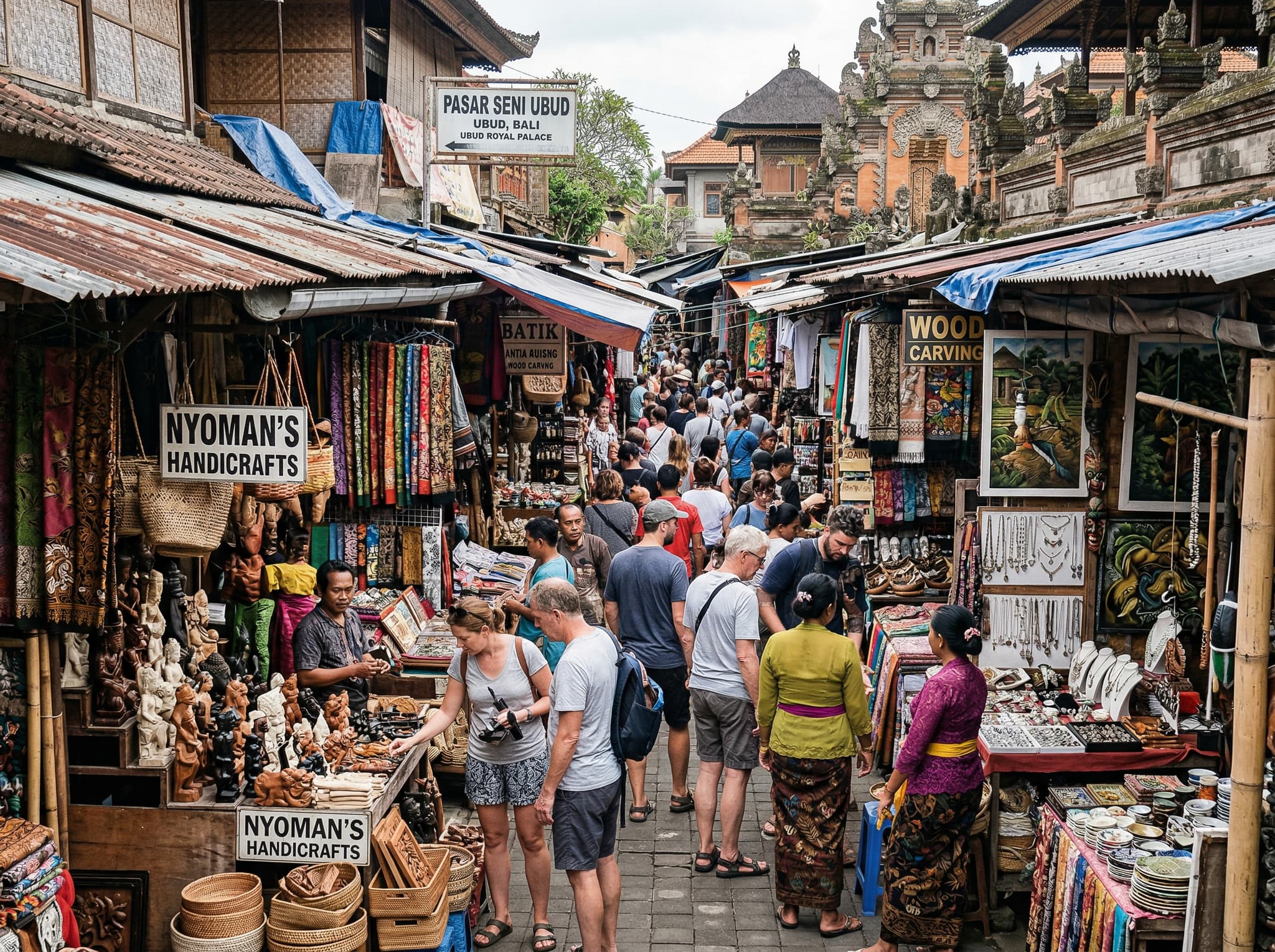 Ubud Art Market in Ubud, Bali — a larger, more varied market used as a comparison point in the article's 'How It Compares' section, helping readers understand what they'd gain by making the trip east instead.