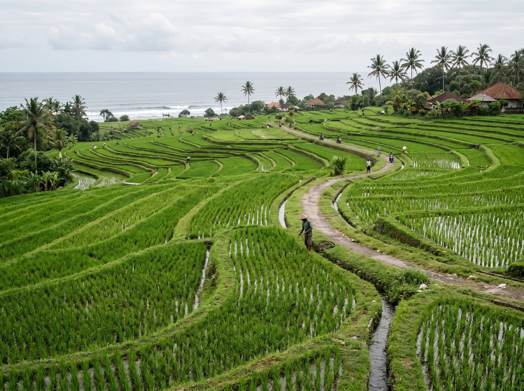 Rice paddies running close to the Seseh coastline with Bali's southwest coast visible in the background — showing the green agricultural buffer between Seseh village and the encroaching development of Canggu to the south