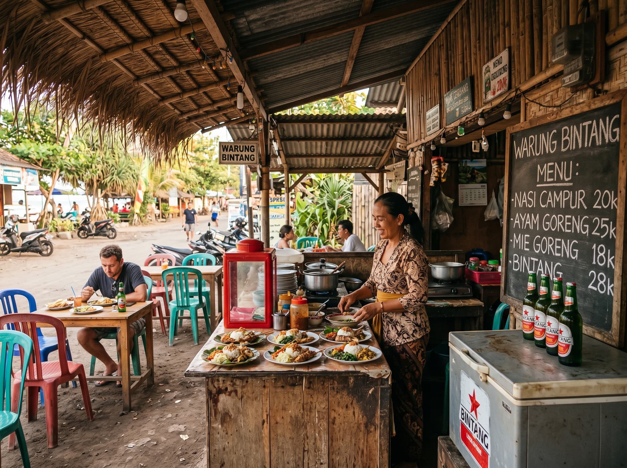 A simple Balinese warung with plastic tables and local food, representative of the unpretentious dining scene at Seseh — contrasting with the upscale beach club aesthetic found elsewhere on Bali's south coast