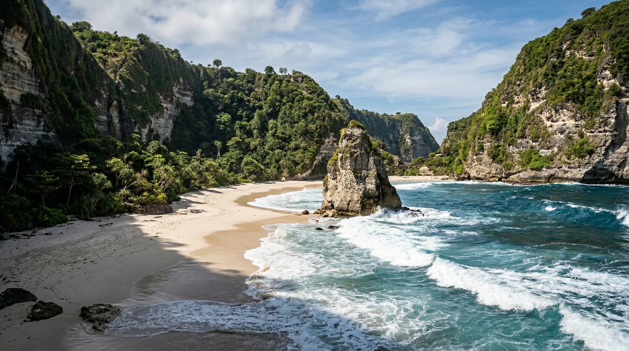 Suwehan Beach on Nusa Penida's southeast coast, showing the iconic freestanding limestone pinnacle rising from white sand, framed by towering cliff walls on both sides — the defining image of this remote, difficult-to-access beach that is the subject of this guide