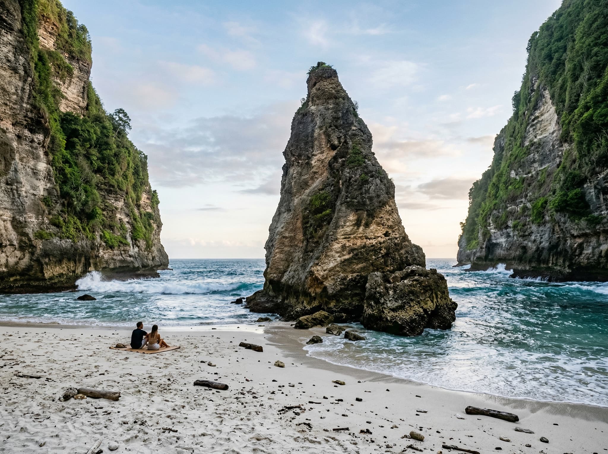 Ground-level view of Suwehan Beach showing the white sand, the weathered limestone pinnacle up close, and the enclosing cliff walls — illustrating the article's description of the beach's scale, isolation, and the imposing physical presence of the rock formation