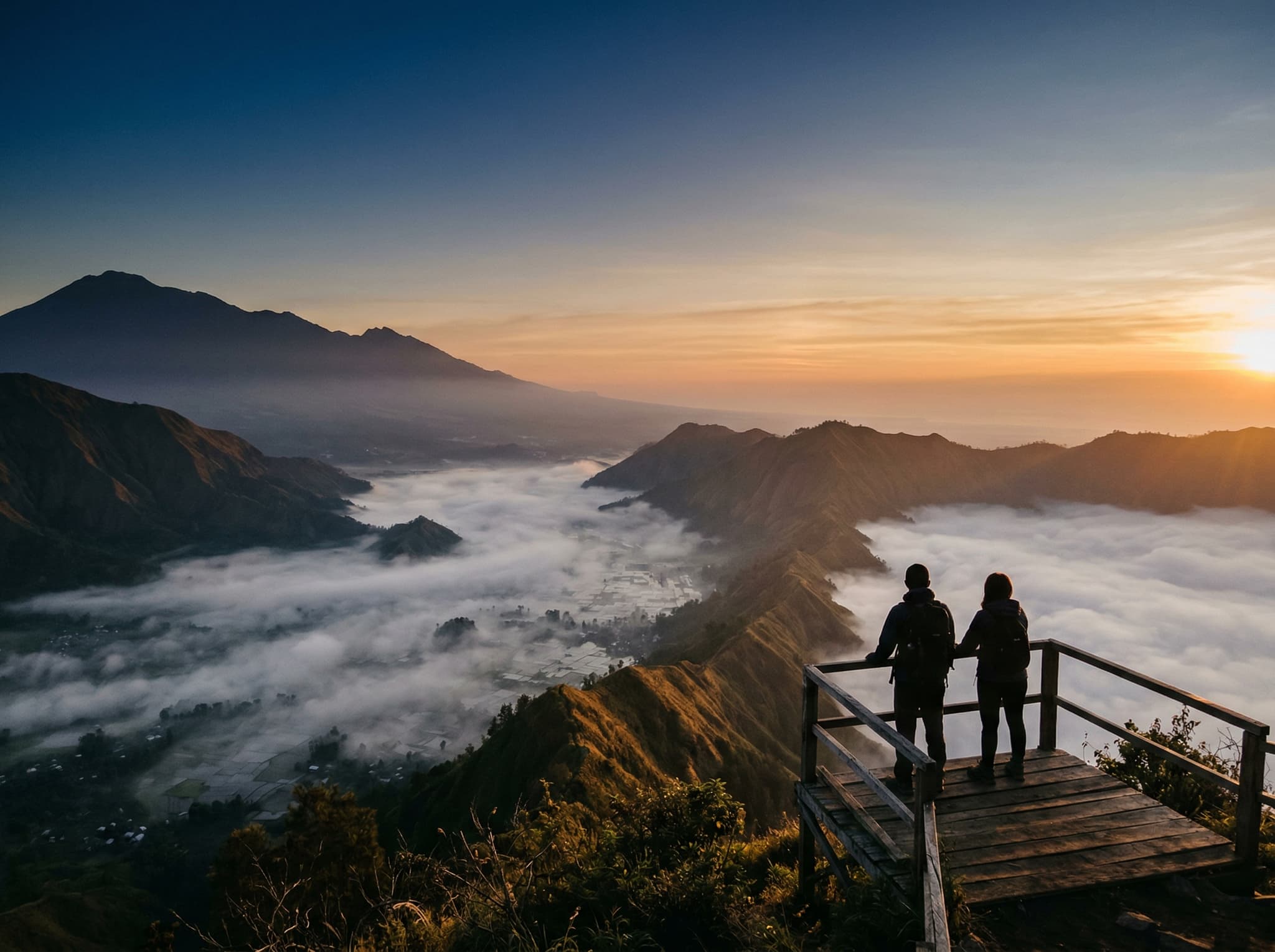Sunrise mist filling the Sembalun Valley floor as seen from Bukit Selong, with golden first light catching the tops of the volcanic ridges while the valley below remains partially veiled — illustrating the article's recommendation to arrive by 5:45 AM for the mist and soft light.
