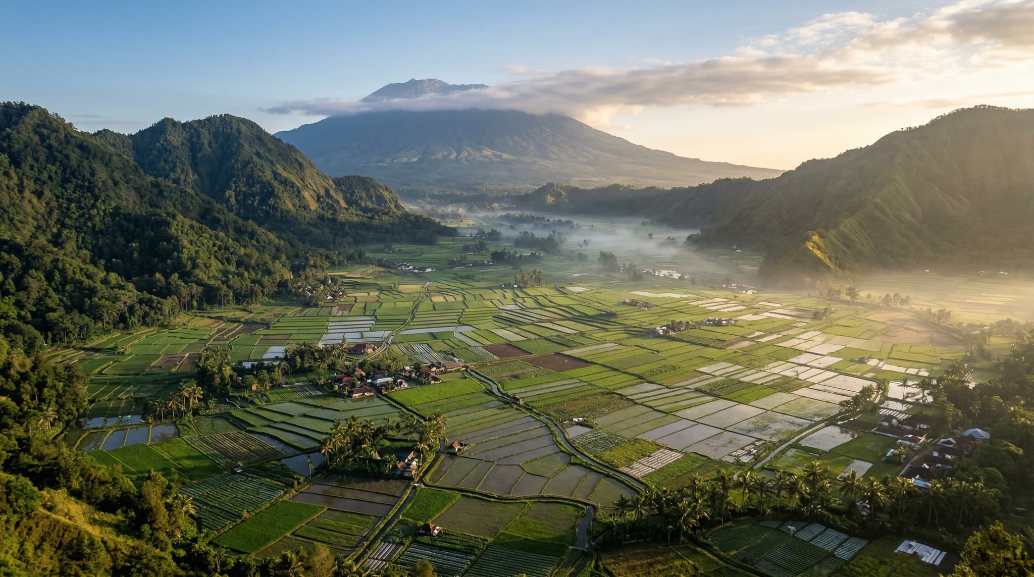 Panoramic view from the top of Bukit Selong (Selong Hill) looking down over the Sembalun Valley in East Lombok — terraced rice paddies spread across a wide flat valley floor, ringed by steep green volcanic ridges, with Mount Rinjani's crater rim visible in the background under morning light. This is the signature viewpoint the article is built around.
